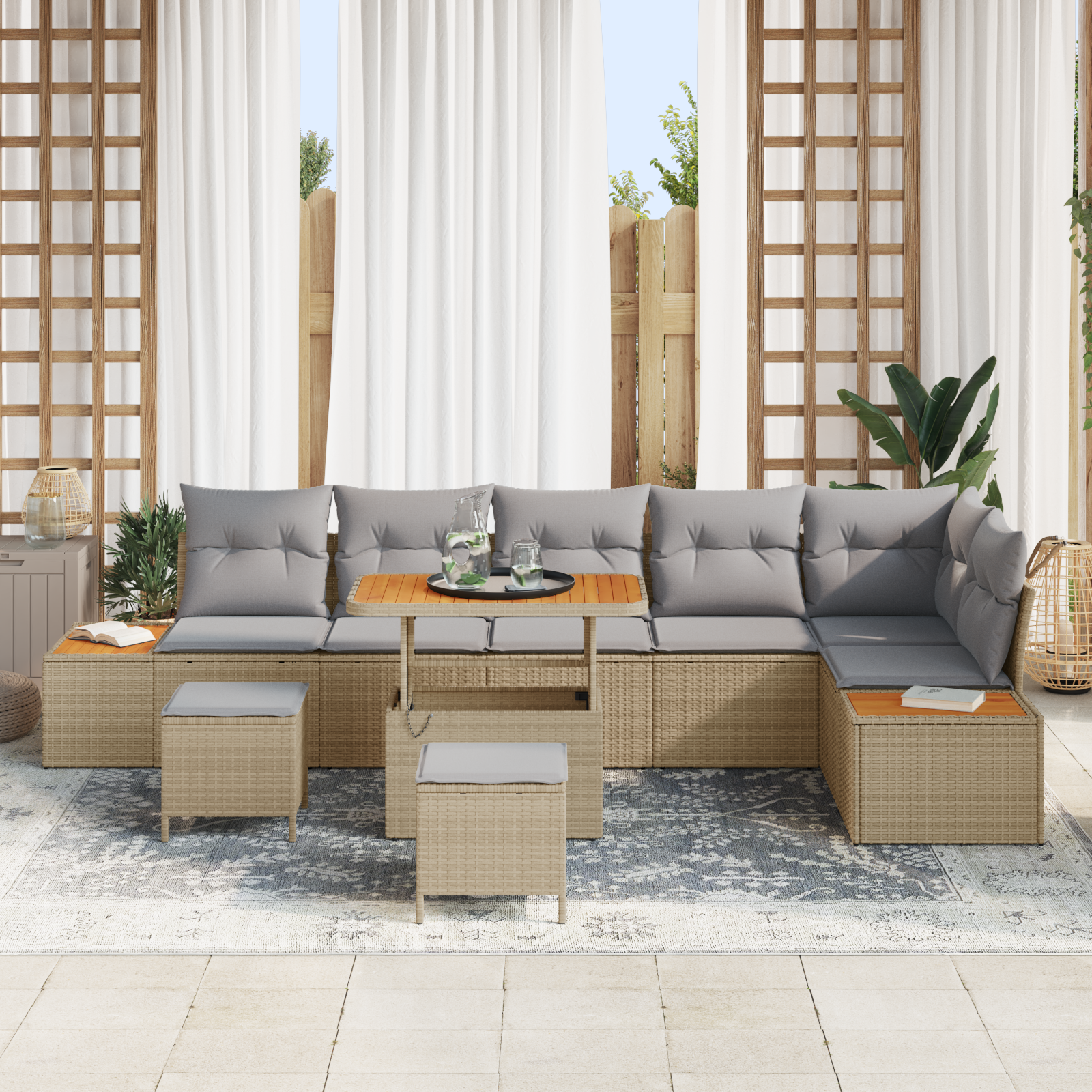 vidaXL 9-delige Tuinbankenset met kussens poly rattan acacia beige