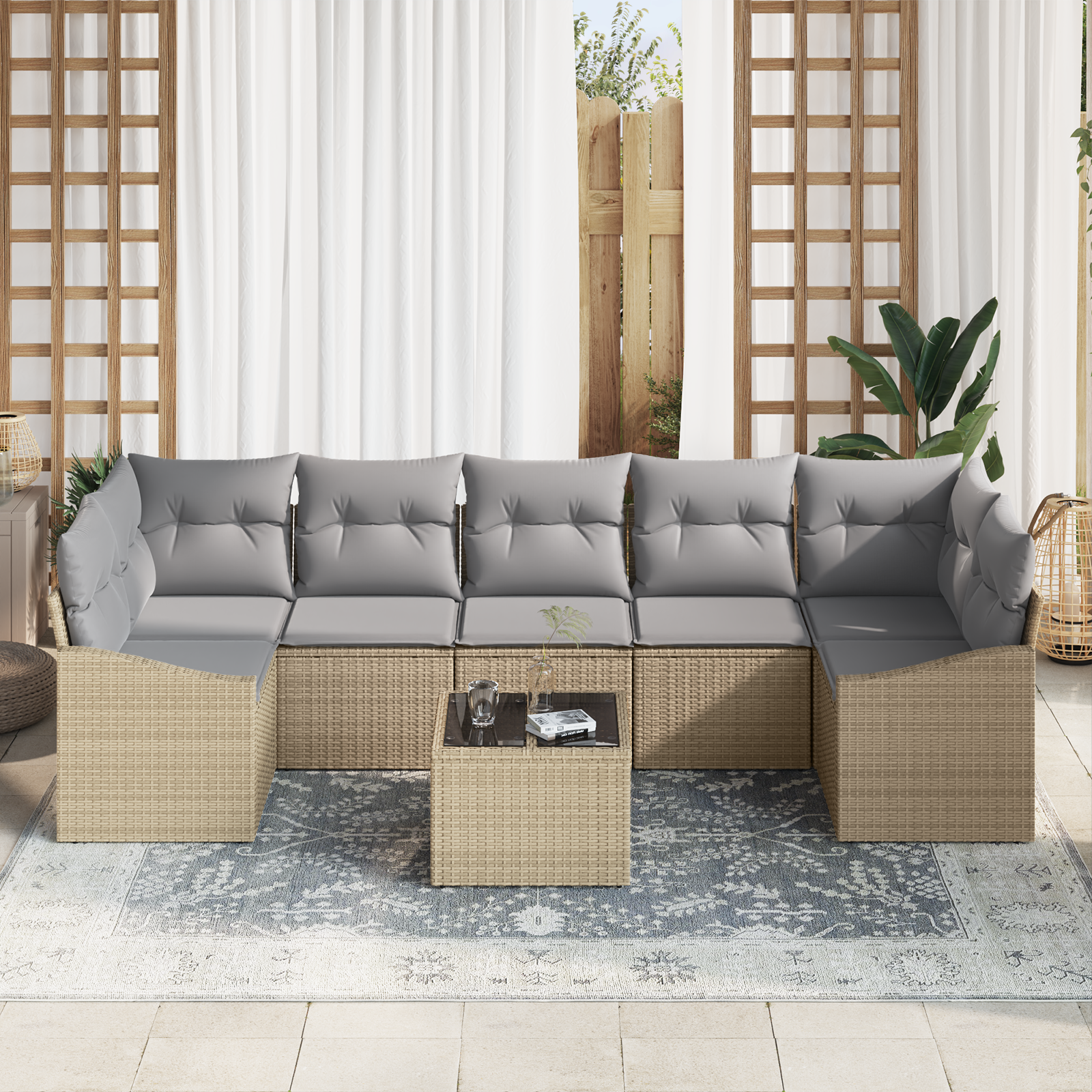 vidaXL 8-delige tuinset met kussens in beige poly rattan