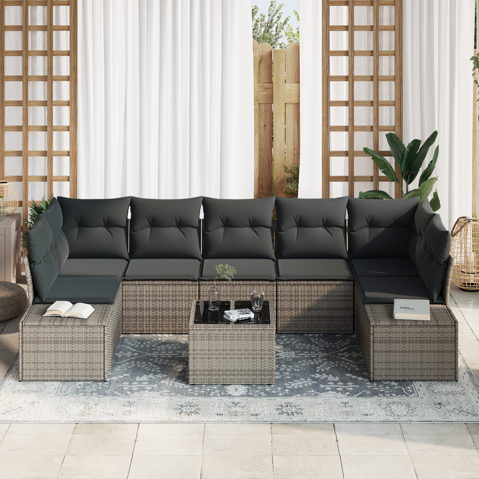 vidaXL 8-delige tuinset met kussens van grijs poly rattan