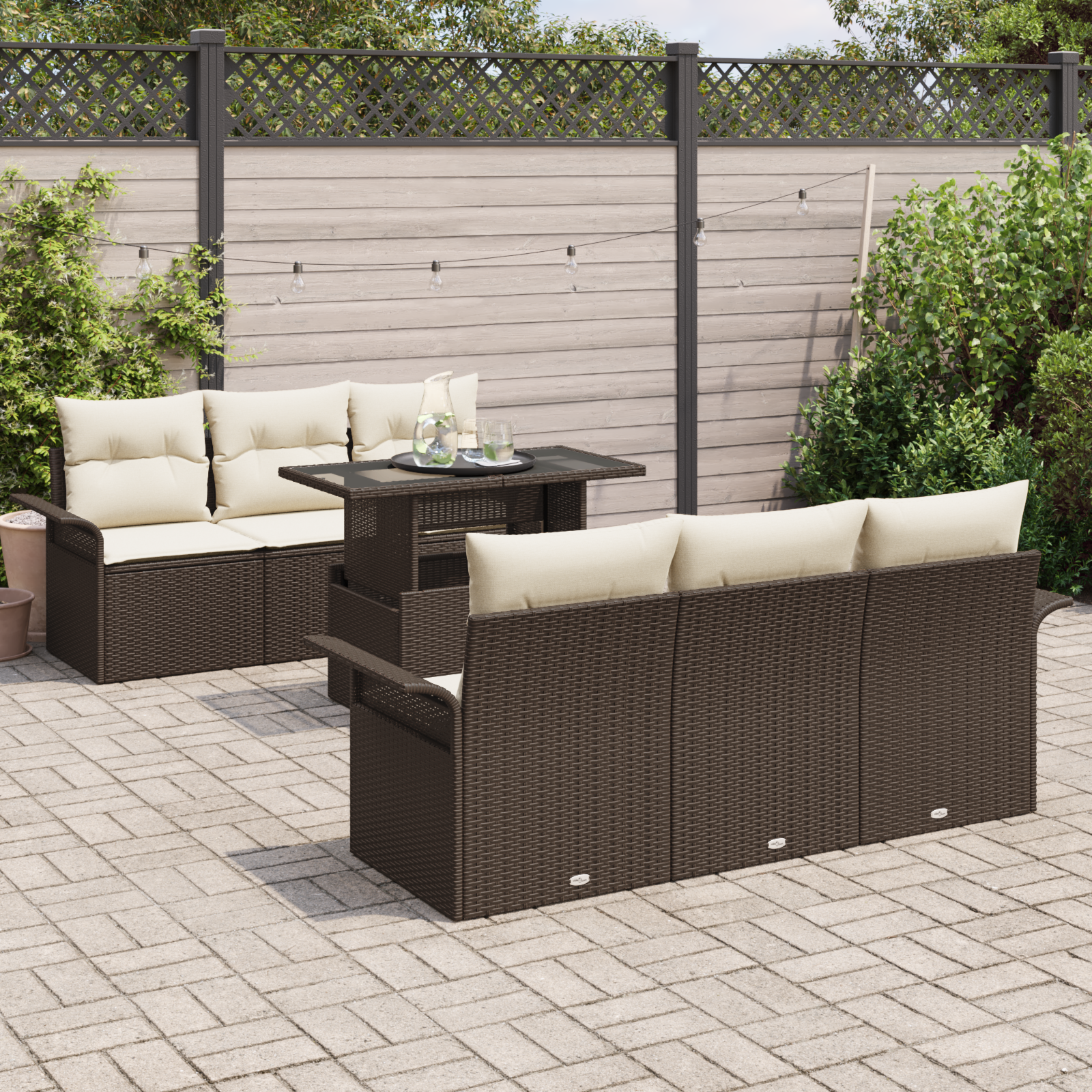 vidaXL 7-delige tuinset met kussens in bruin poly riet