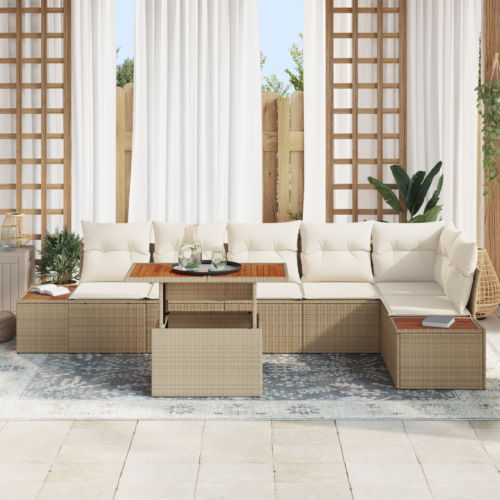 vidaXL 7-delige Tuinset met kussens poly rattan acaciahout beige