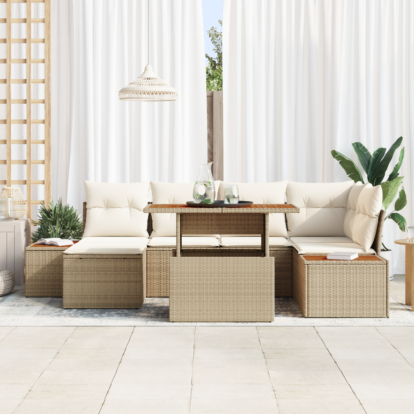 vidaXL 7-delige Tuinset met kussens poly rattan acaciahout beige