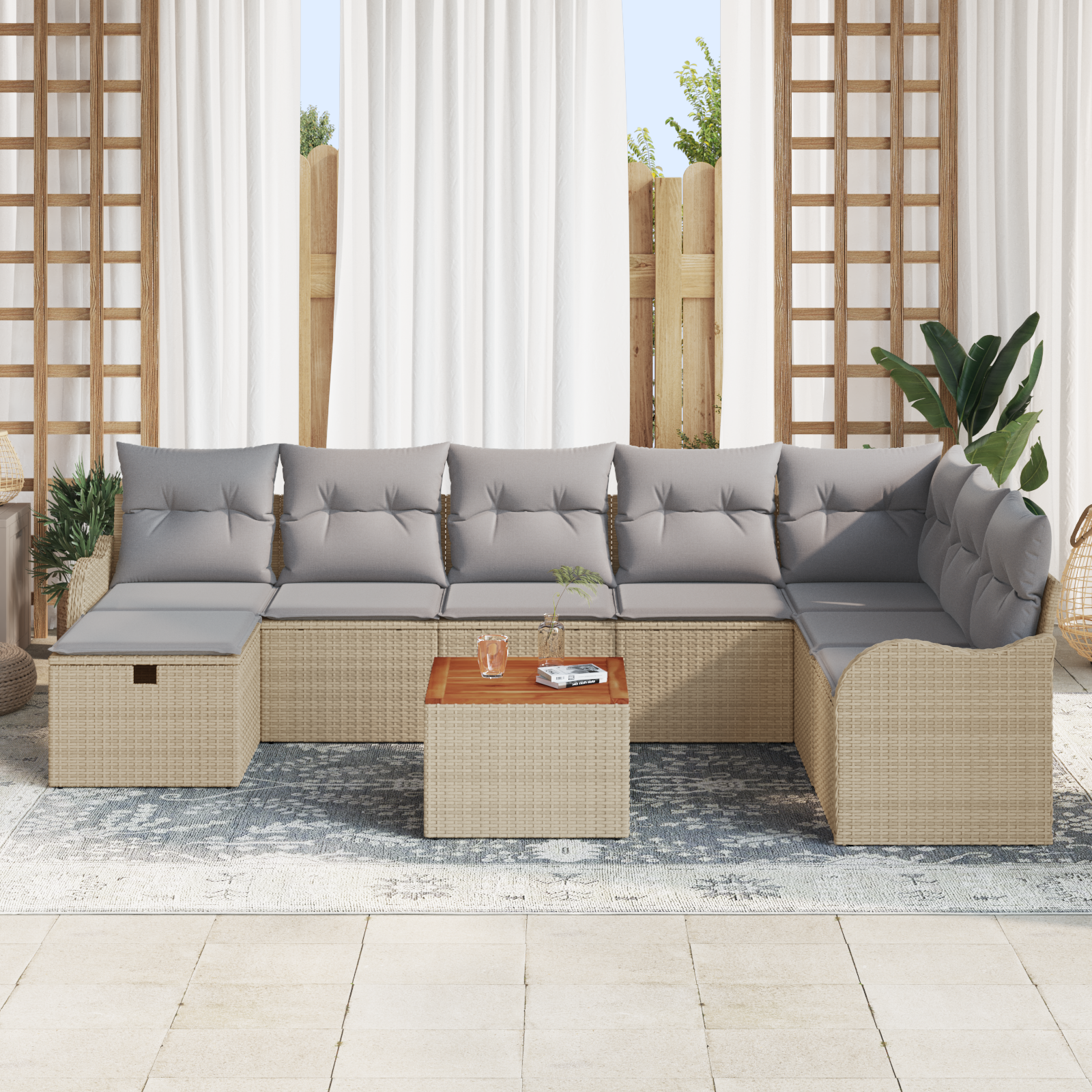 vidaXL 9-delige tuinbankset met kussens in beige poly rattan