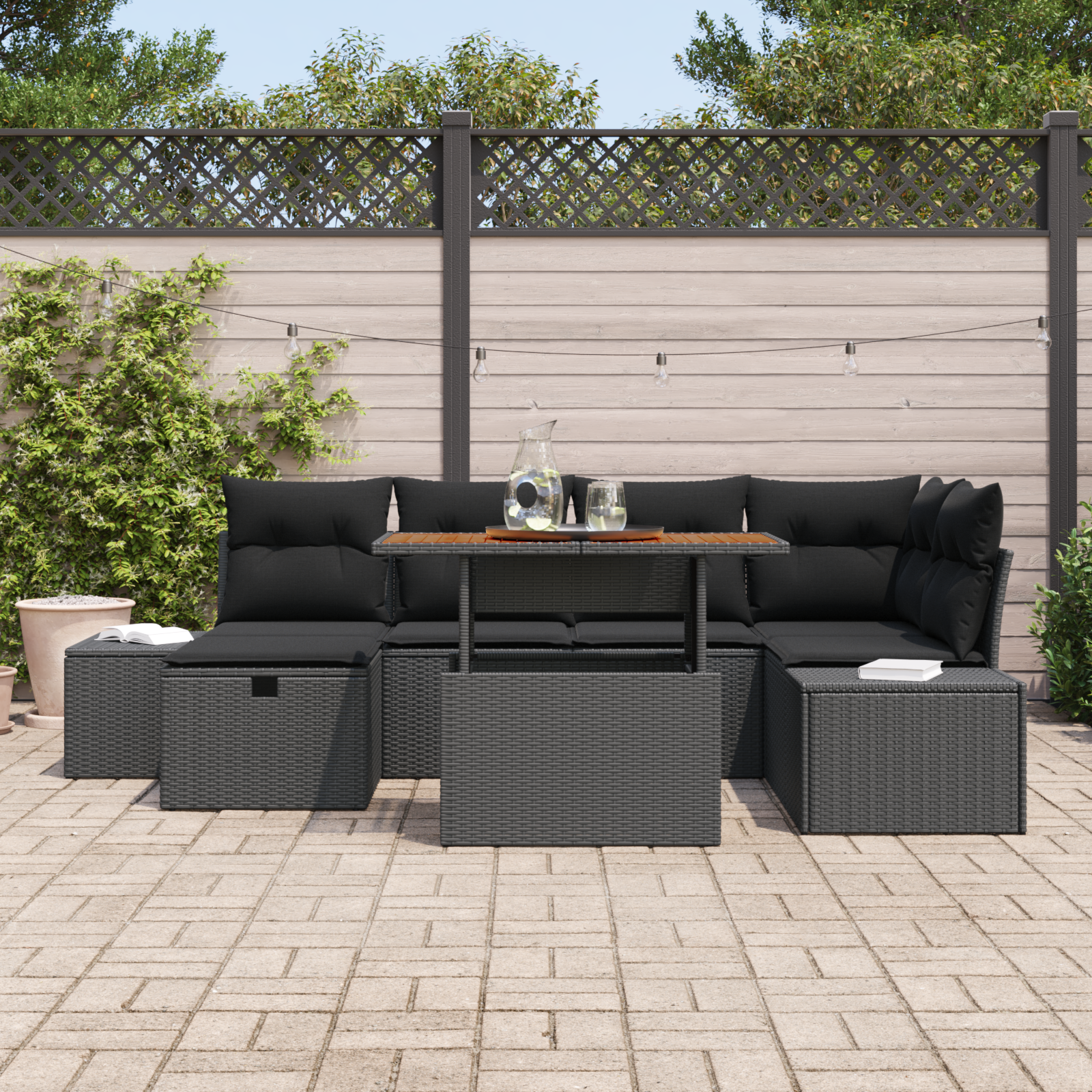 vidaXL 7-delige Tuinset met kussens poly rattan en acaciahout zwart
