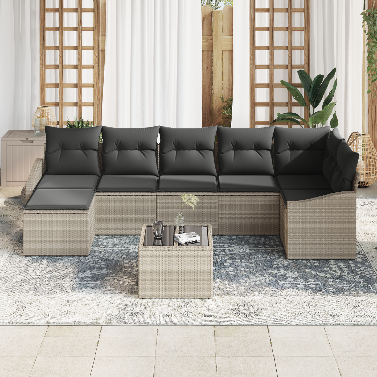 vidaXL 8-delige Tuinbankenset met kussens poly rattan grijs