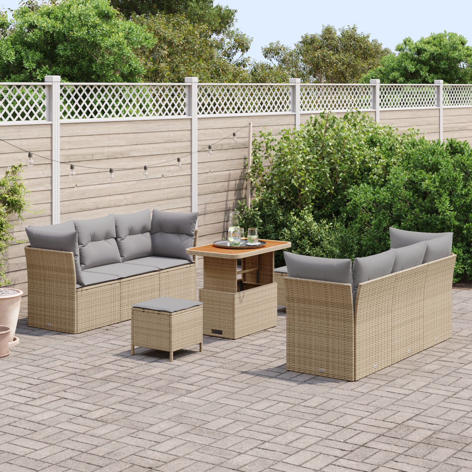 vidaXL 9-delige Tuinbankenset met kussens poly rattan acacia beige