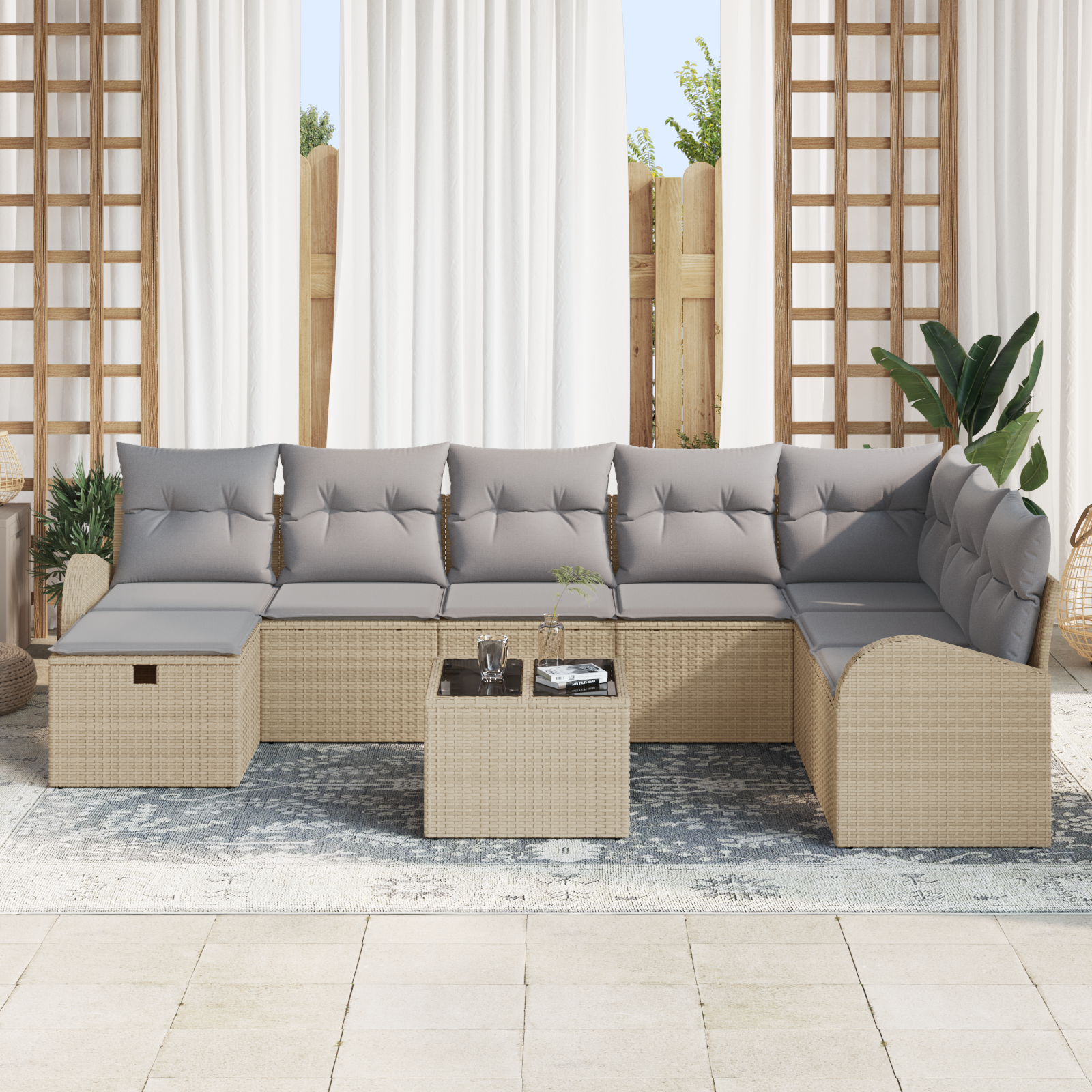 vidaXL 9-delige tuinset met kussens in beige poly rattan