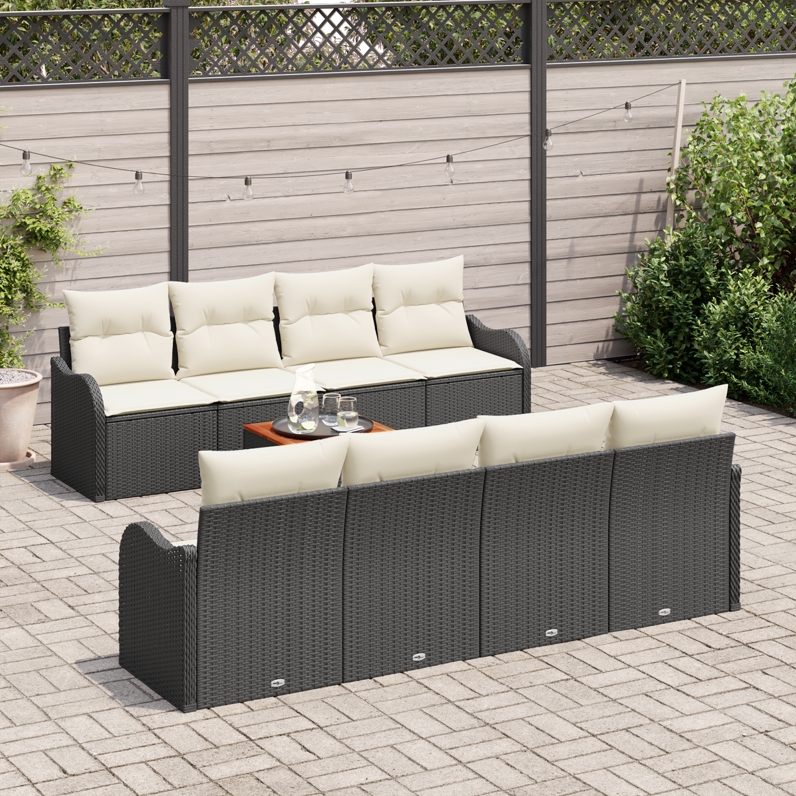 vidaXL 9-delige tuinset met kussens zwart poly riet acacia