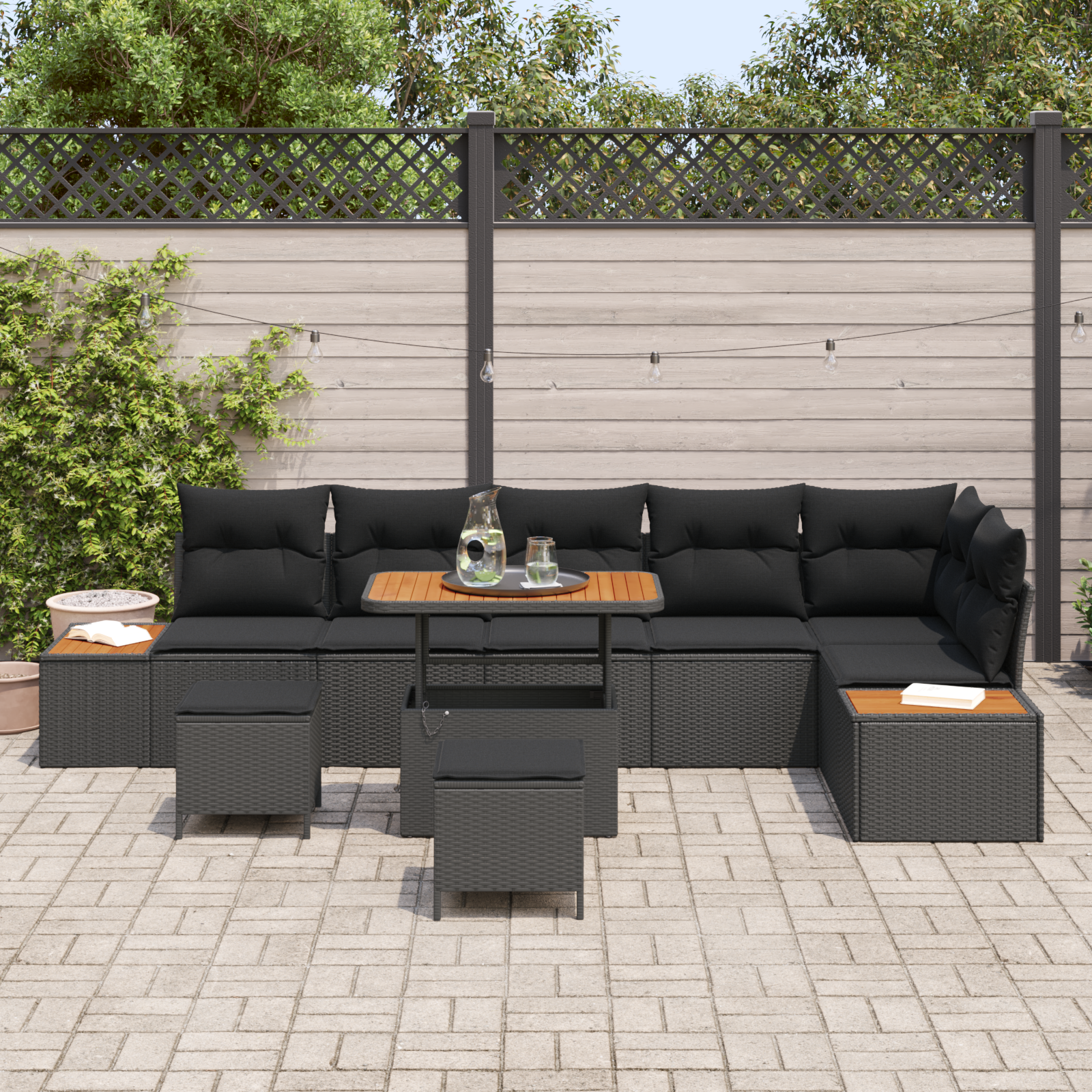 vidaXL 9-delige tuinsofa set met kussens in zwart poly rattan en acacia