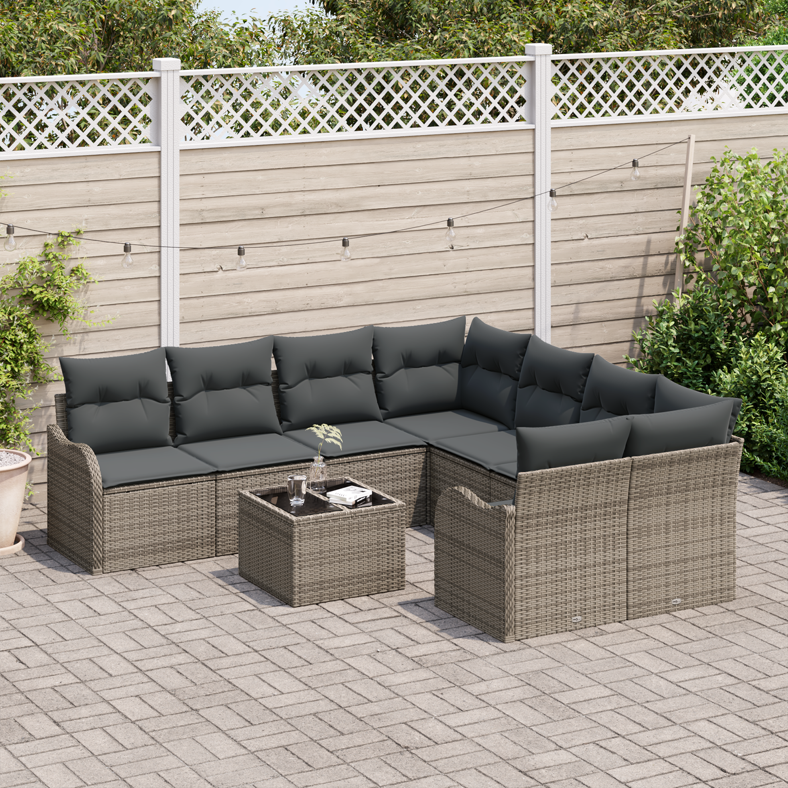 vidaXL 9-delige tuinset met kussens - Grijs poly rattan