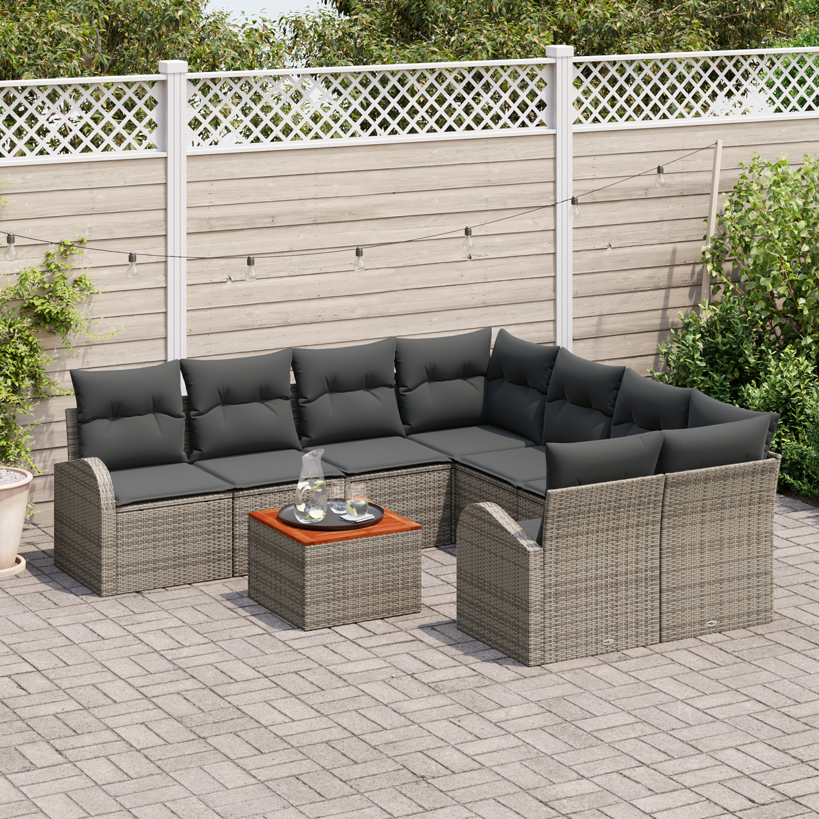 vidaXL 9-delige tuin sofa set met kussens in grijs poly rattan en acacia hout