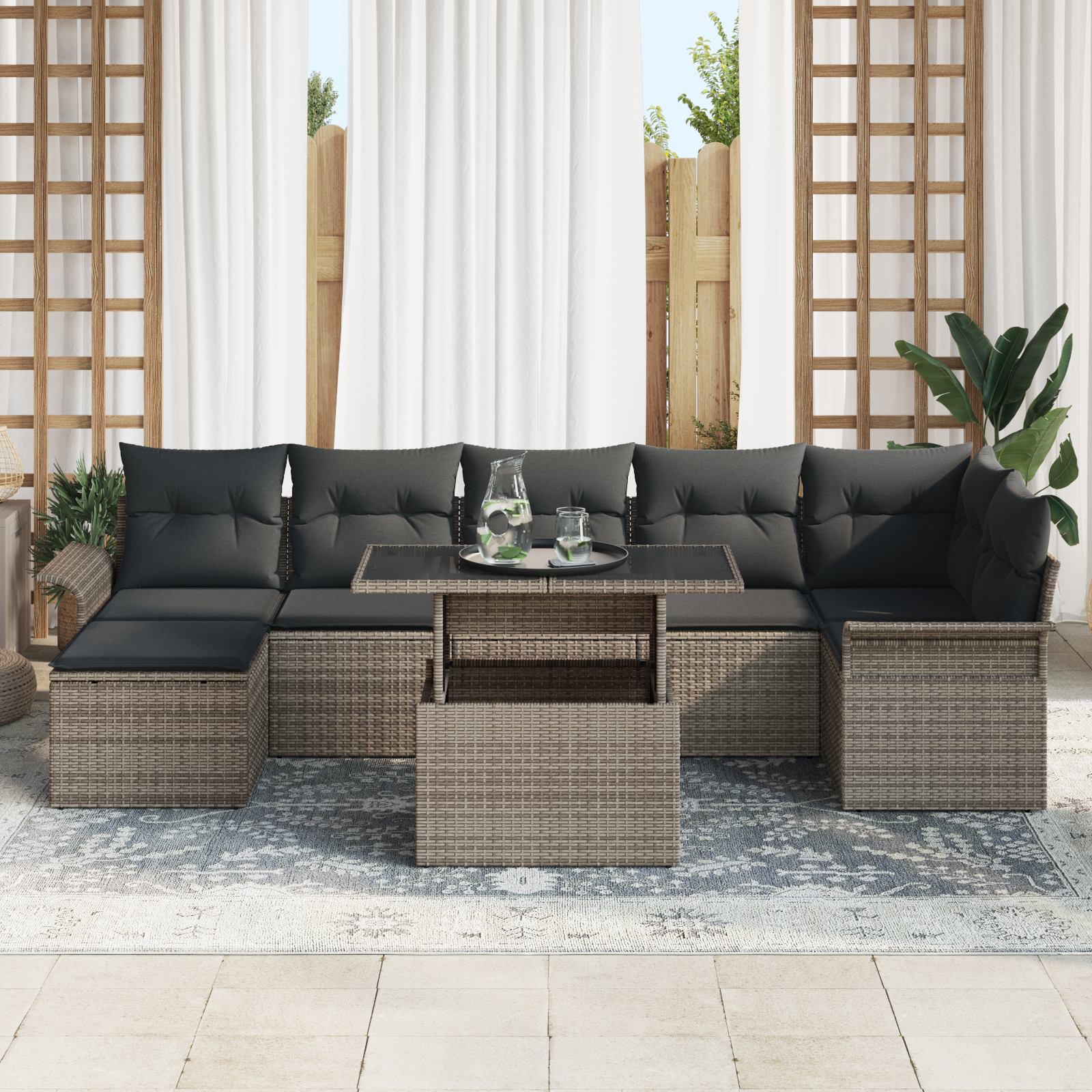 vidaXL 8-delige Tuinbankenset met kussens poly rattan grijs