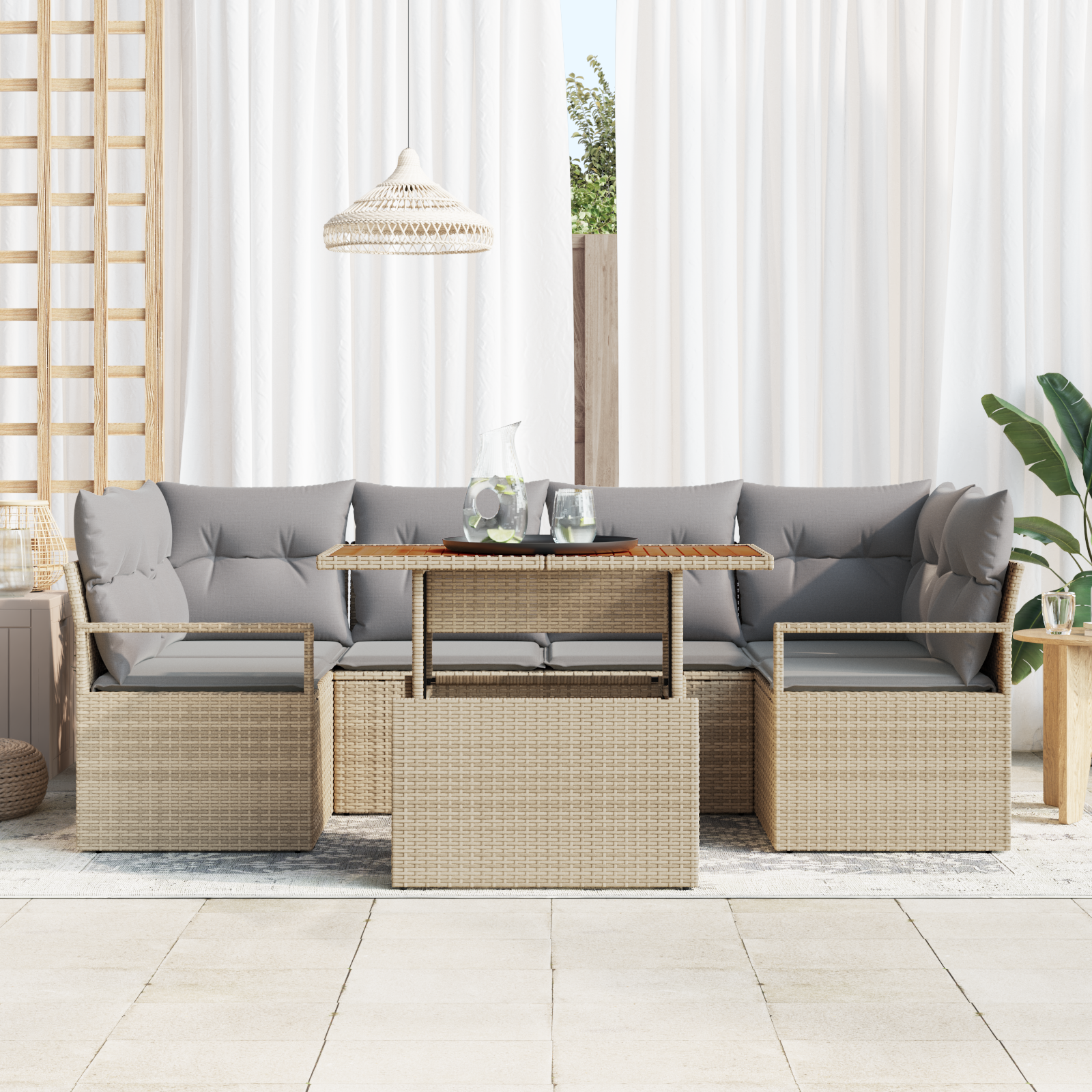 vidaXL 7-delige tuinset met kussens in beige poly rattan