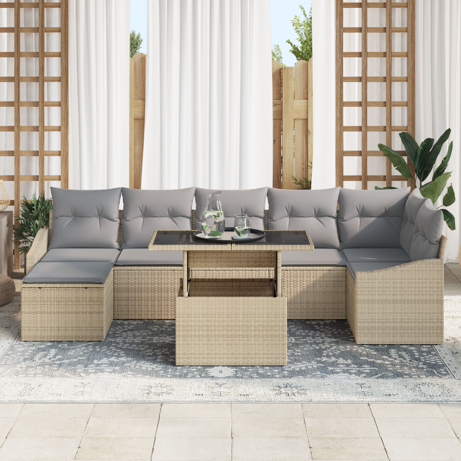 vidaXL 8-delige Tuinbankenset met kussens poly rattan beige