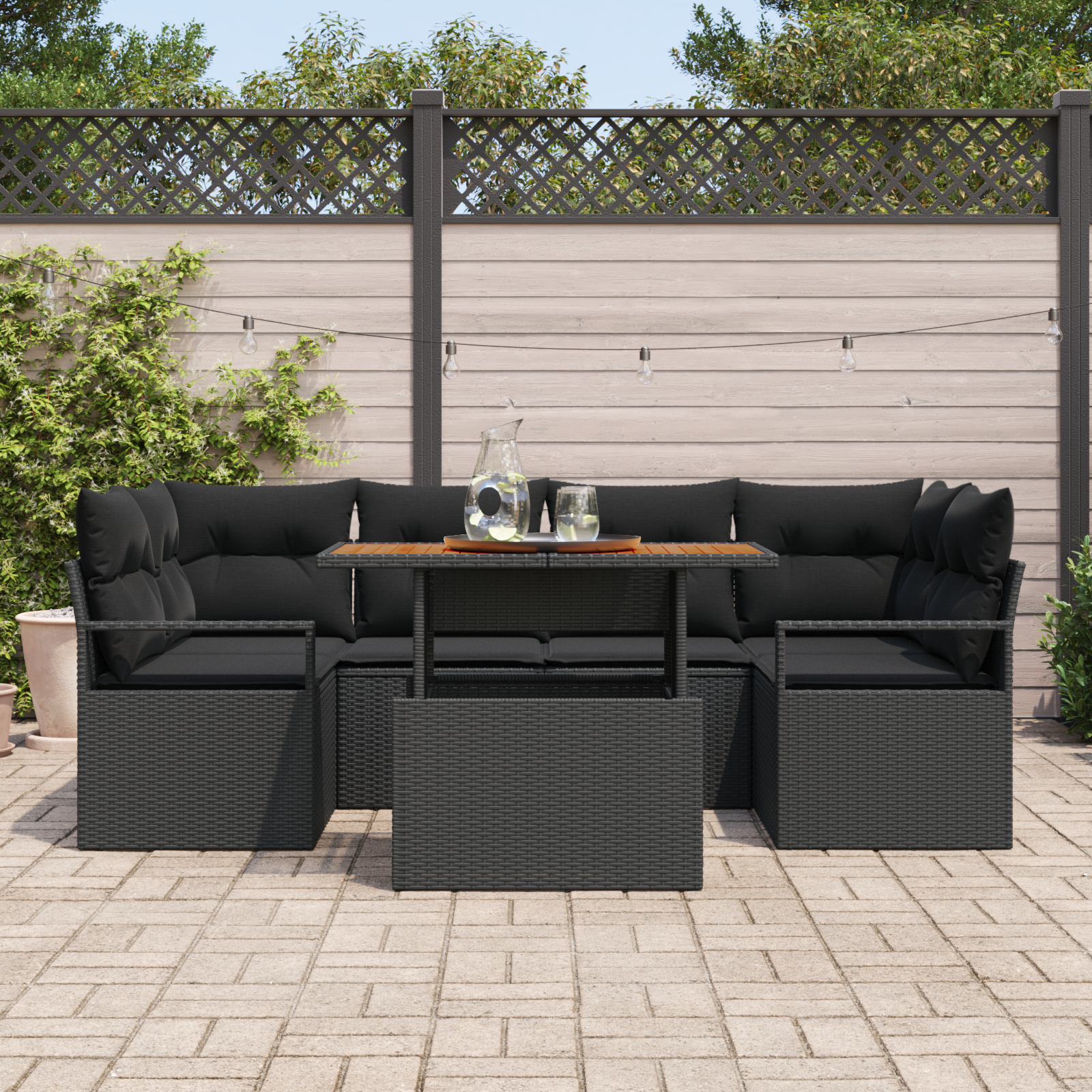 vidaXL 7-delige tuinset met kussens zwart poly rattan
