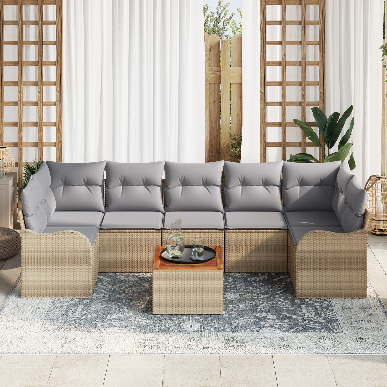 vidaXL 8-delige tuinset met kussens in Beige Poly Rattan en Acacia
