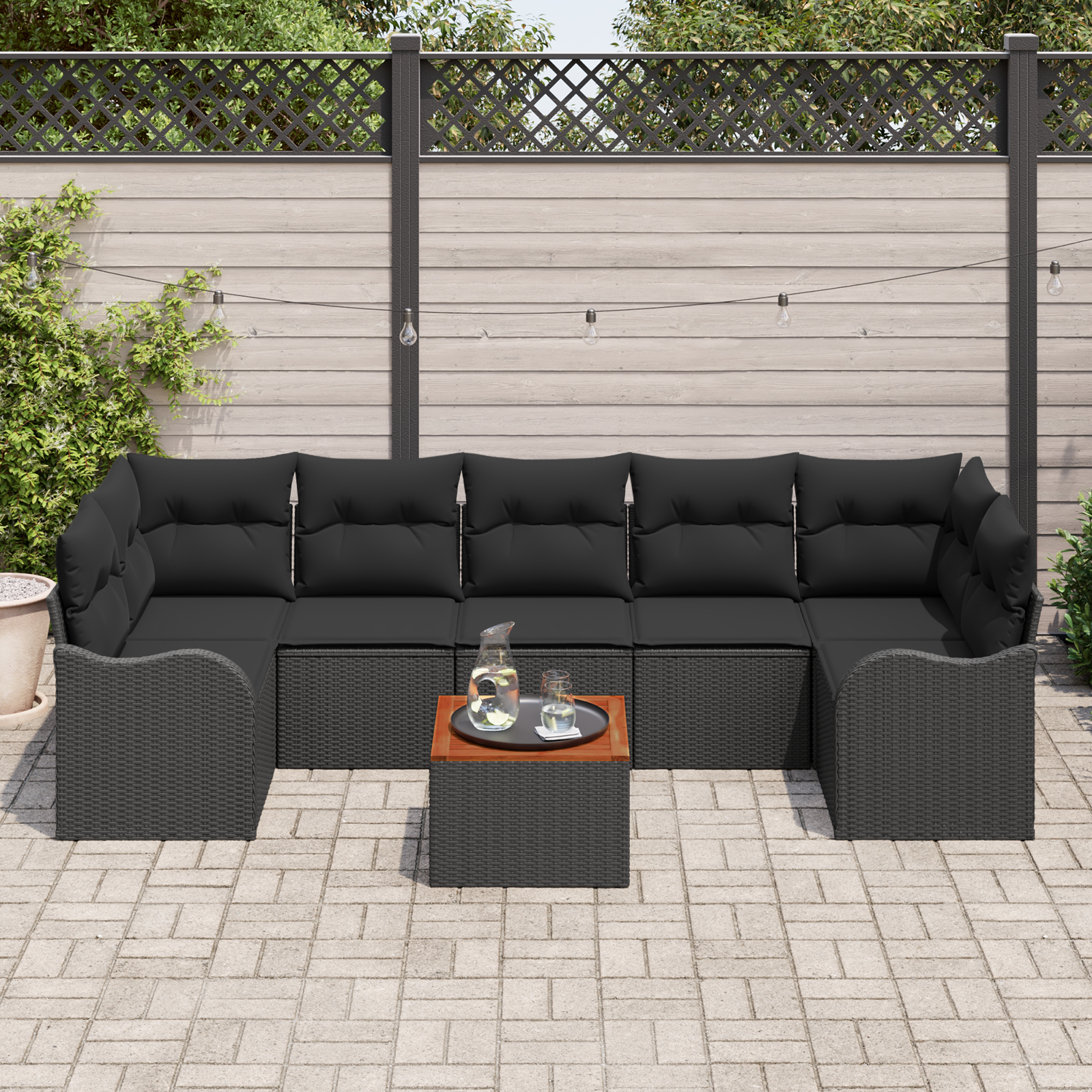 vidaXL Set van 8 Tuinbanken met Kussens - Zwart Poly Rattan en Acacia