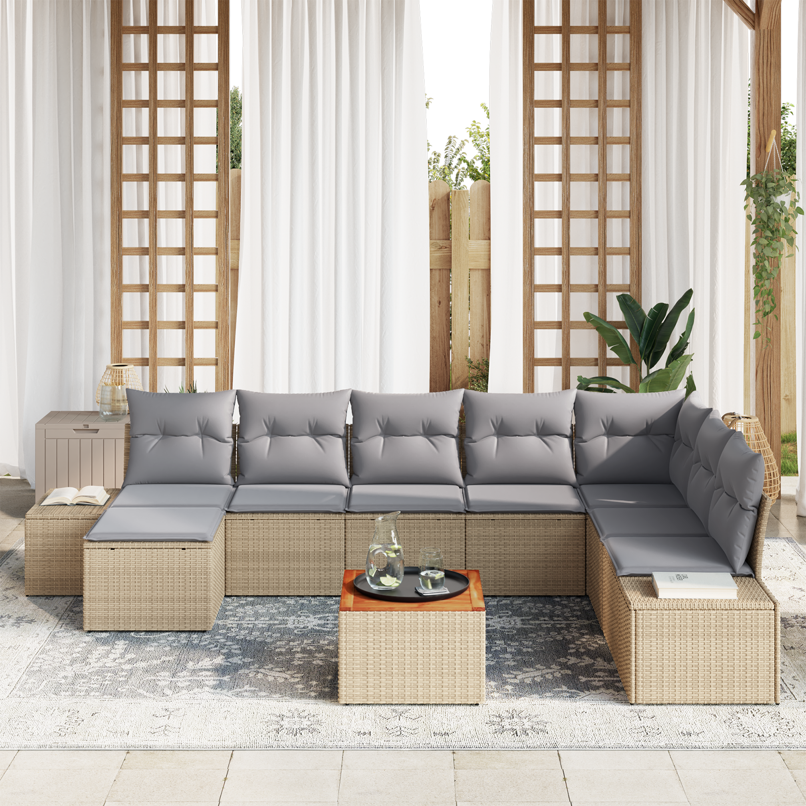 vidaXL 9-delige Tuinbankenset met kussens poly rattan acaciahout beige