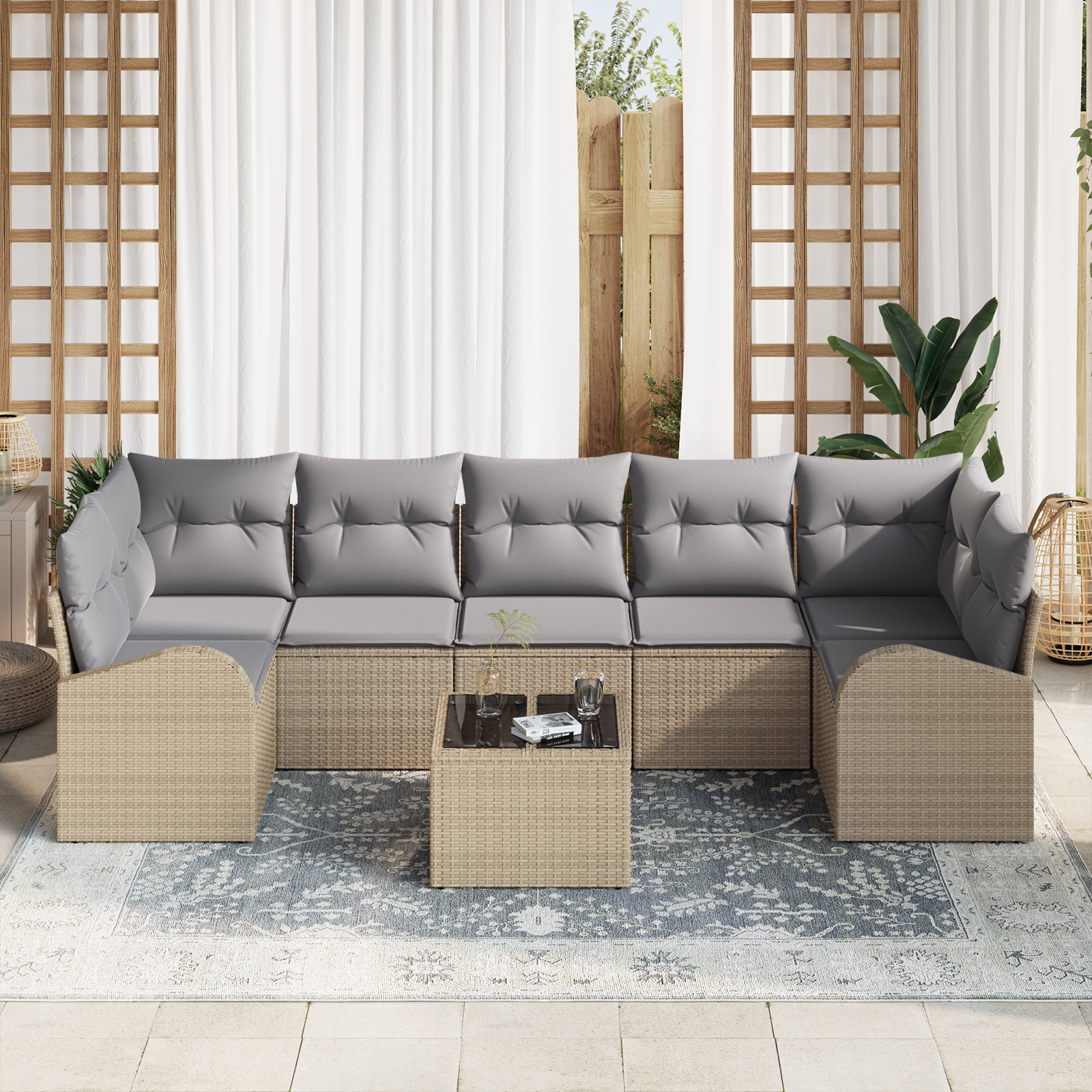 vidaXL 8-delige Tuinbankenset met kussens poly rattan beige