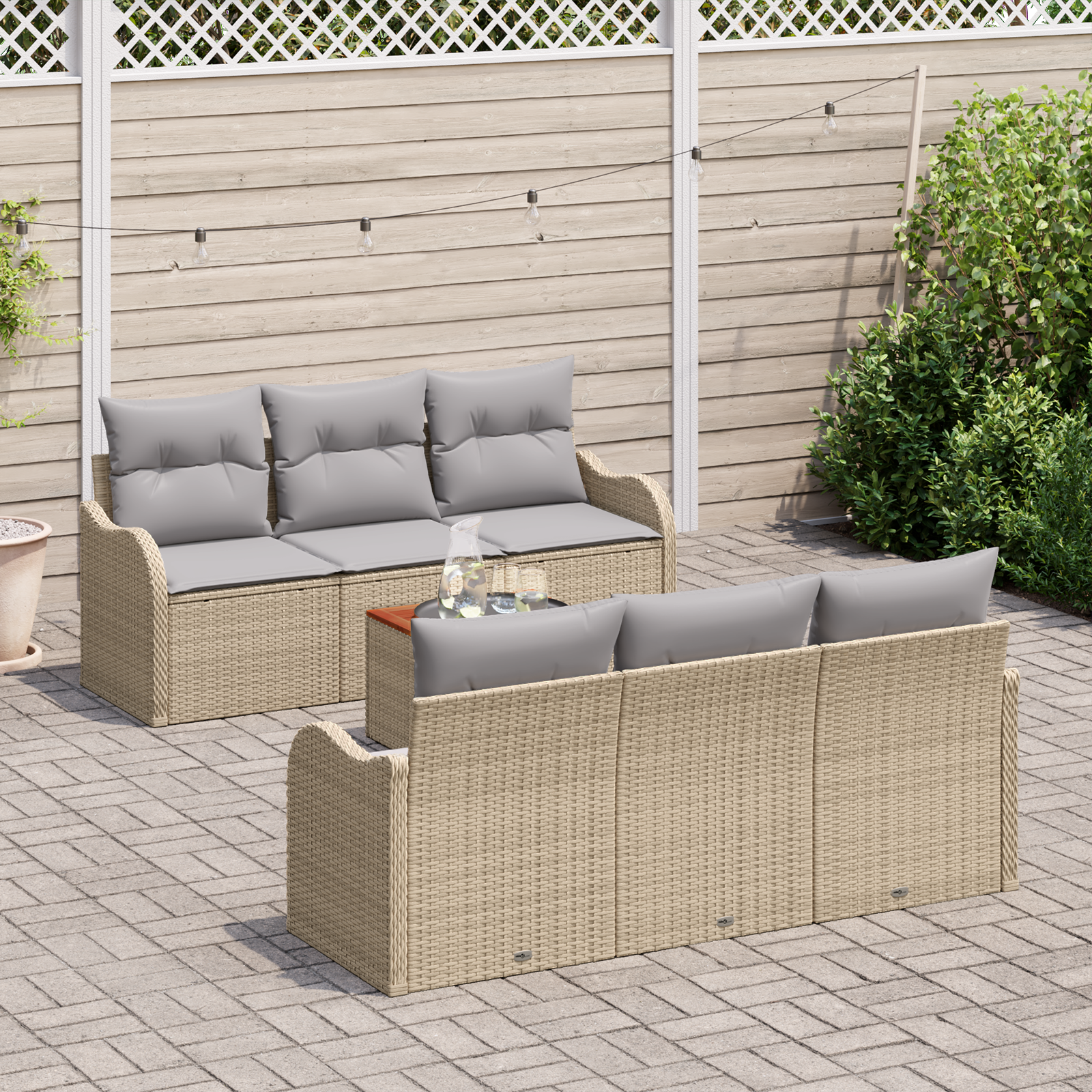 vidaXL 7-delige Tuinbankenset met kussens poly rattan acacia beige