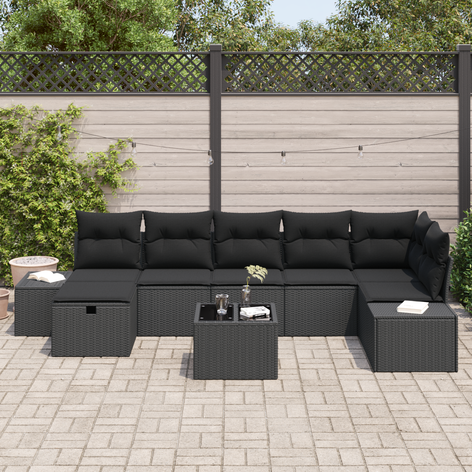 vidaXL 8-delige Tuinbankenset met kussens poly rattan zwart
