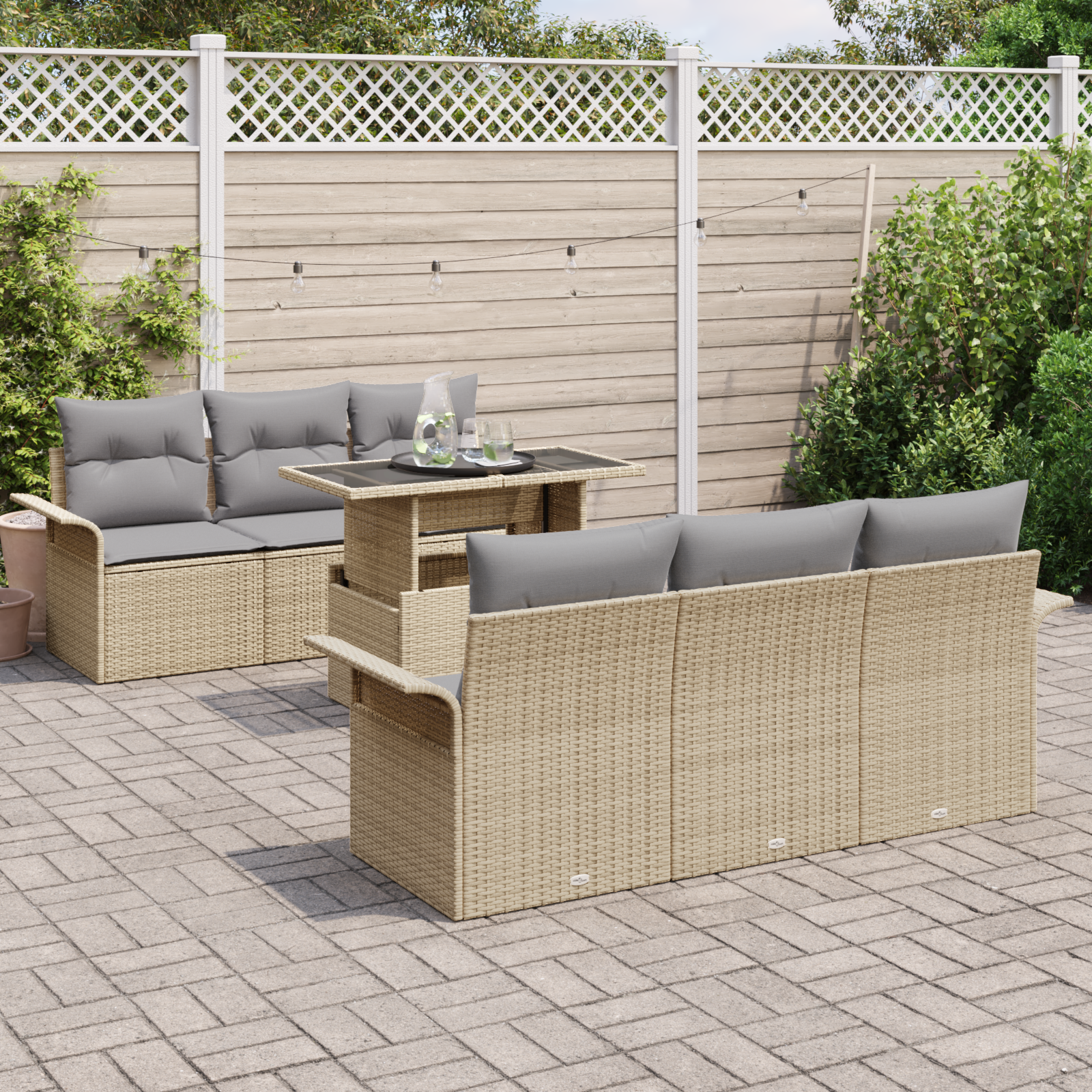 vidaXL 7-delige Tuinbankenset met kussens poly rattan beige