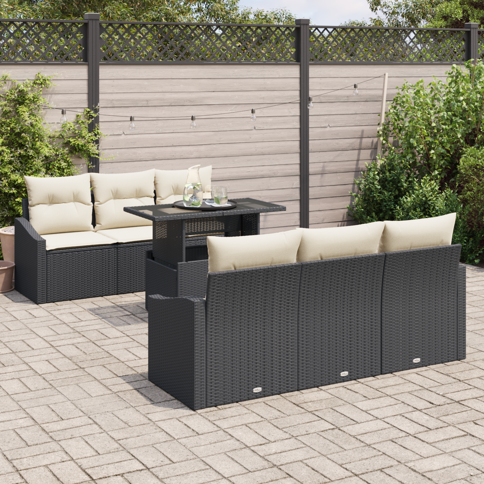 vidaXL 7-delige ligbedset met kussens zwart poly rattan