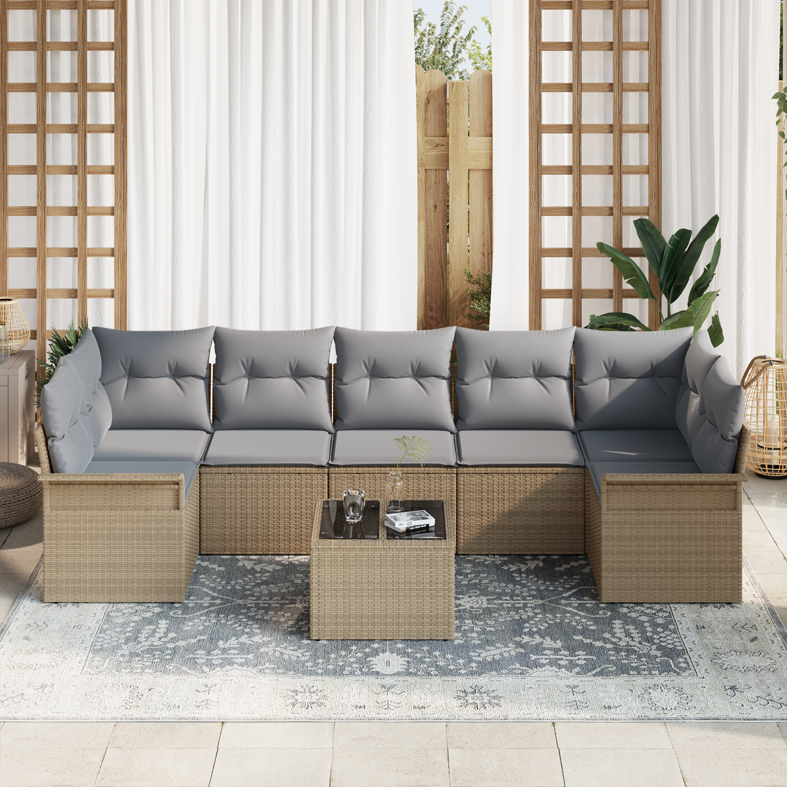 vidaXL 8-delige tuinset met kussens in beige poly rattan