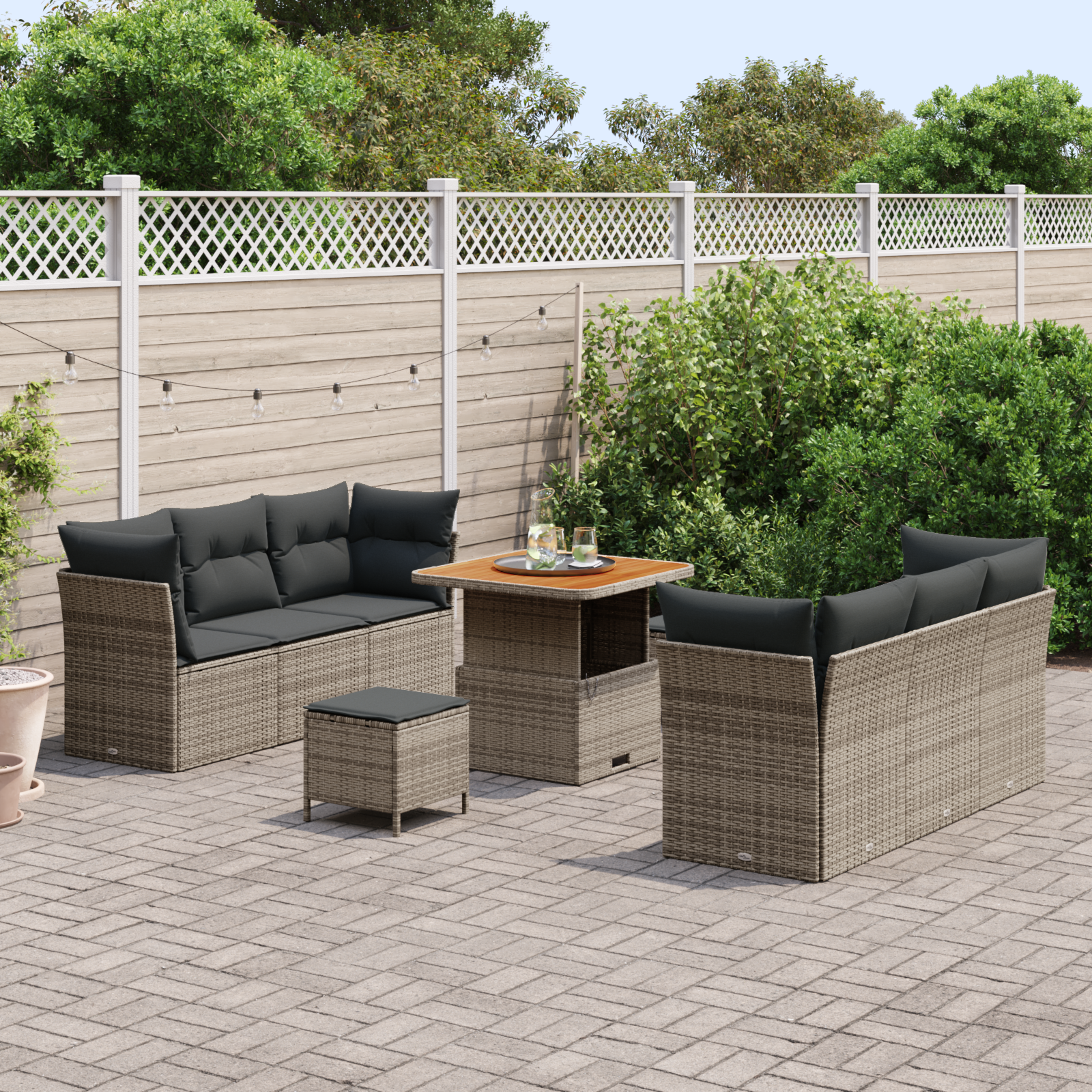 vidaXL 9-delige Tuinbankenset met kussens poly rattan acacia grijs