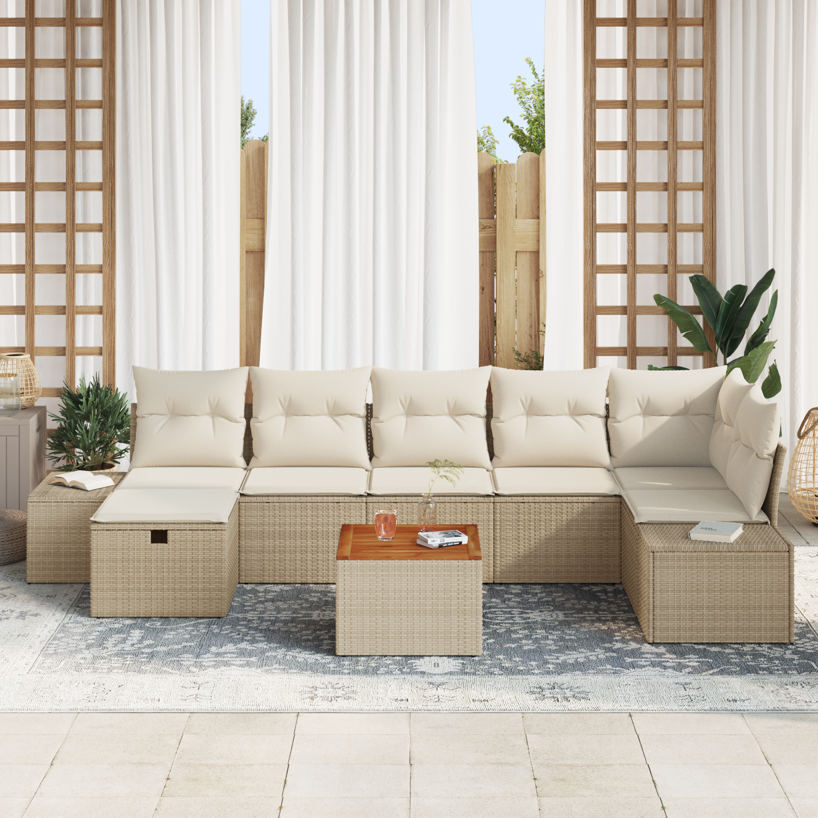 vidaXL 8-delige Tuinbankenset met kussens poly rattan beige