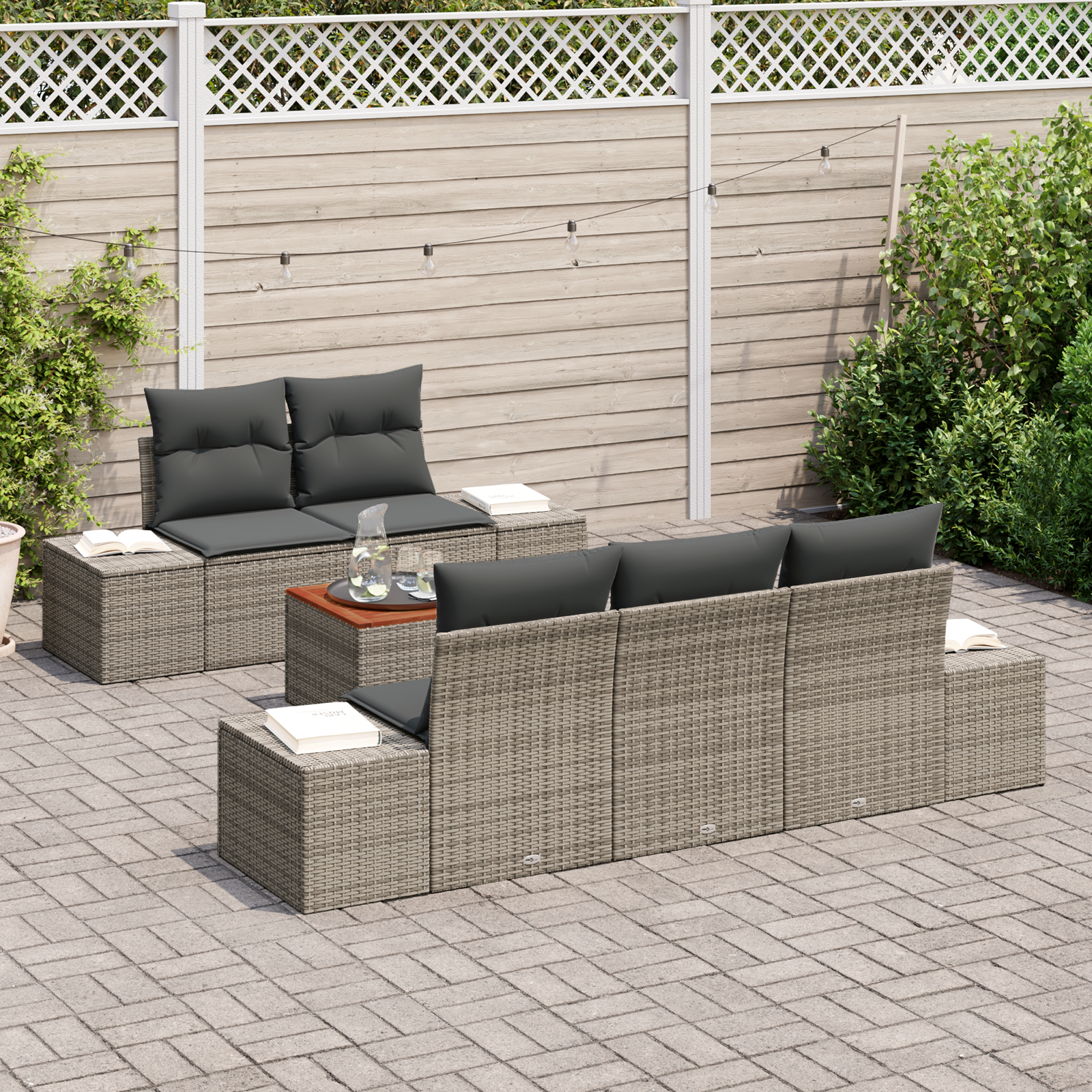 vidaXL 6-delige tuinsofa set met kussens in het grijs van poly rattan en acacia