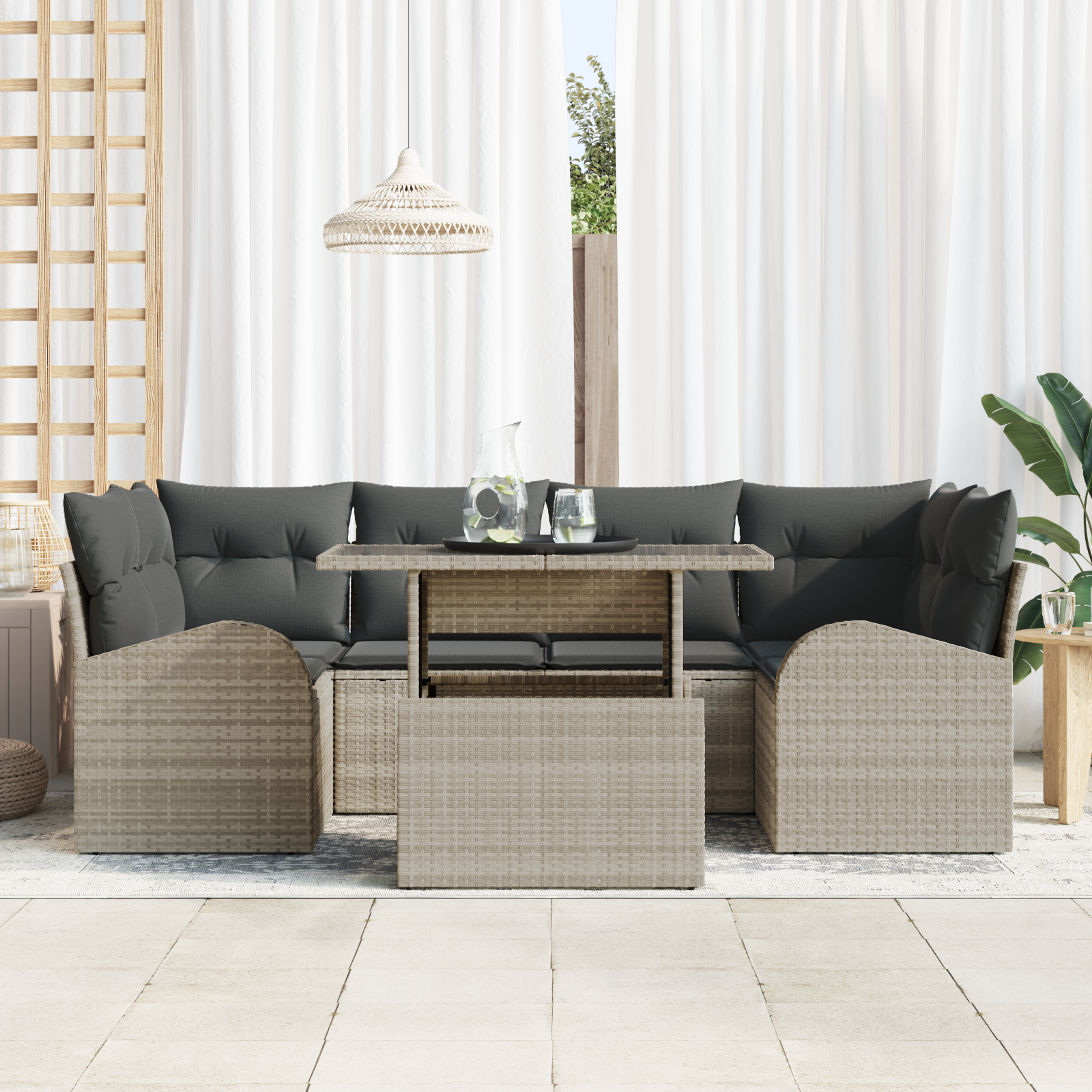 vidaXL 7-delige Tuinbankenset met kussens poly rattan lichtgrijs