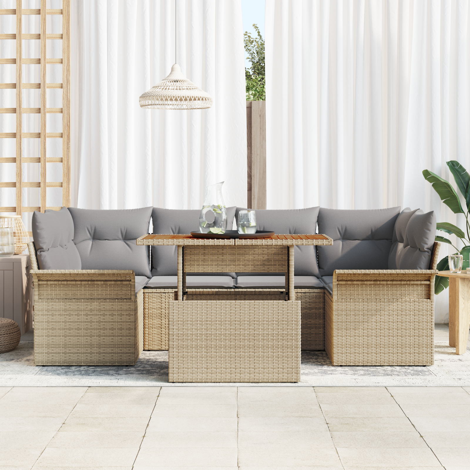 vidaXL 7-delige Tuinbankenset met kussens poly rattan beige
