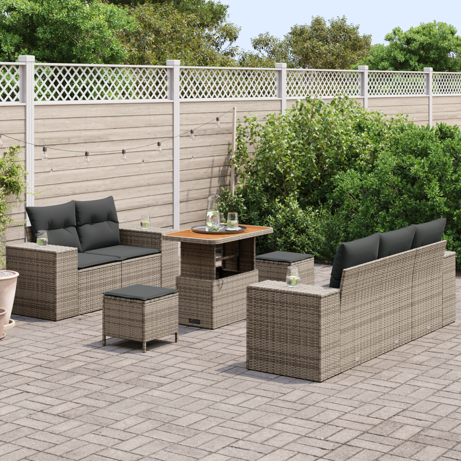 vidaXL 8-delige Tuinbankenset met kussens poly rattan acacia grijs