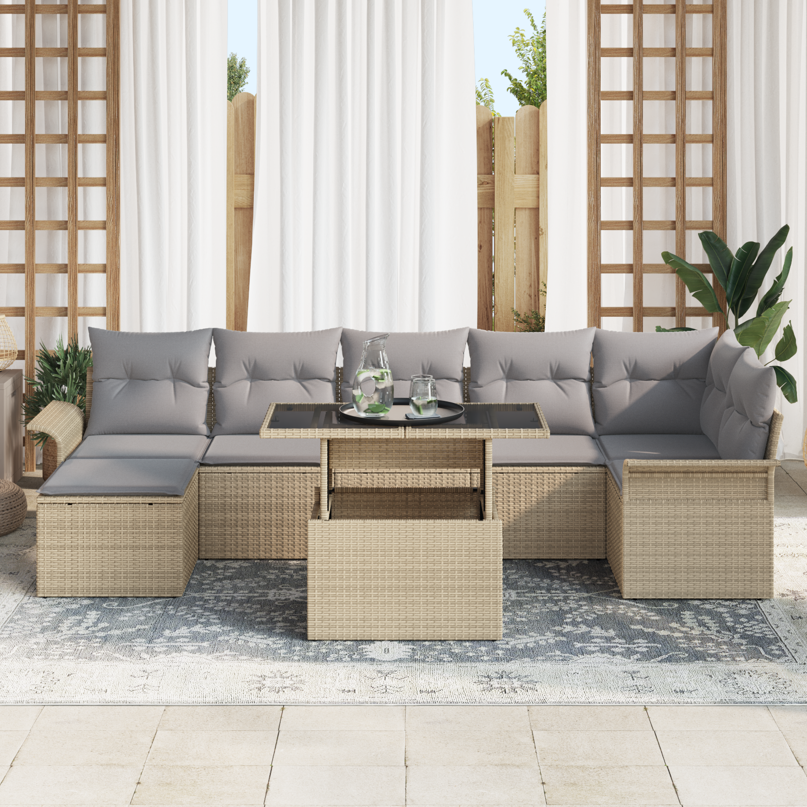 vidaXL 8-delige tuinbankset met kussens in beige poly rattan