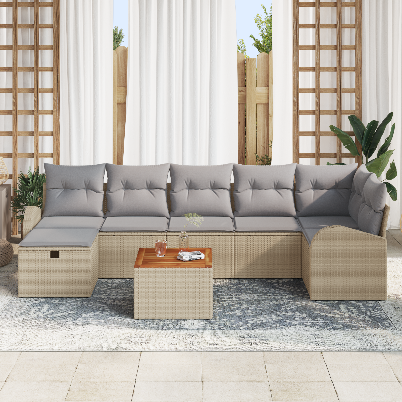 vidaXL 8-delige tuinset met kussens in Beige Poly Rattan