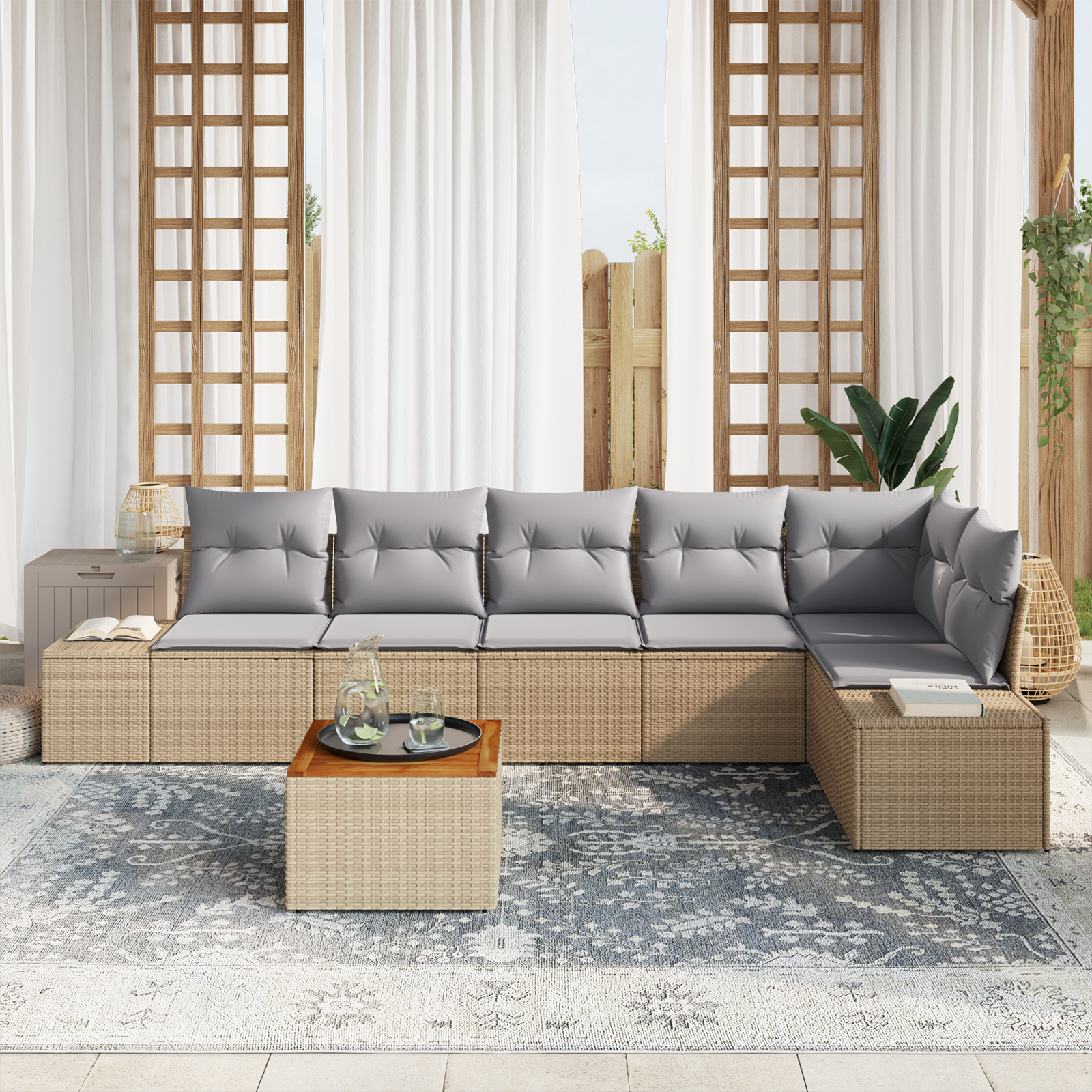 vidaXL 7-delige tuinset met kussens in beige poly rattan en acacia