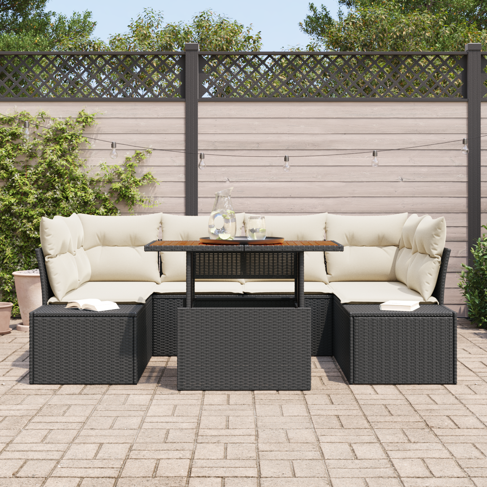 vidaXL 7-delige Tuinbankenset met kussens poly rattan zwart