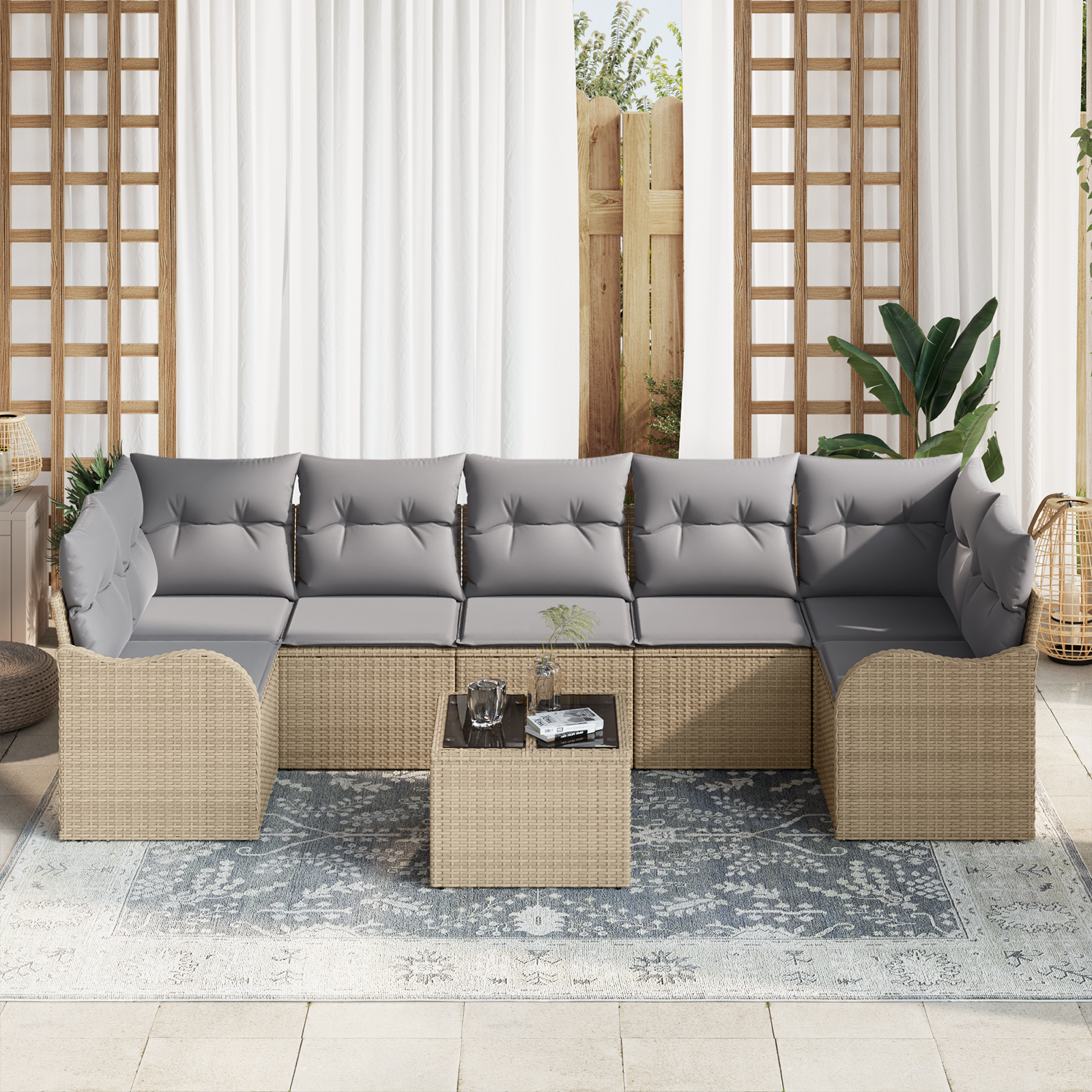 vidaXL 8-delige Tuinbankenset met kussens poly rattan beige