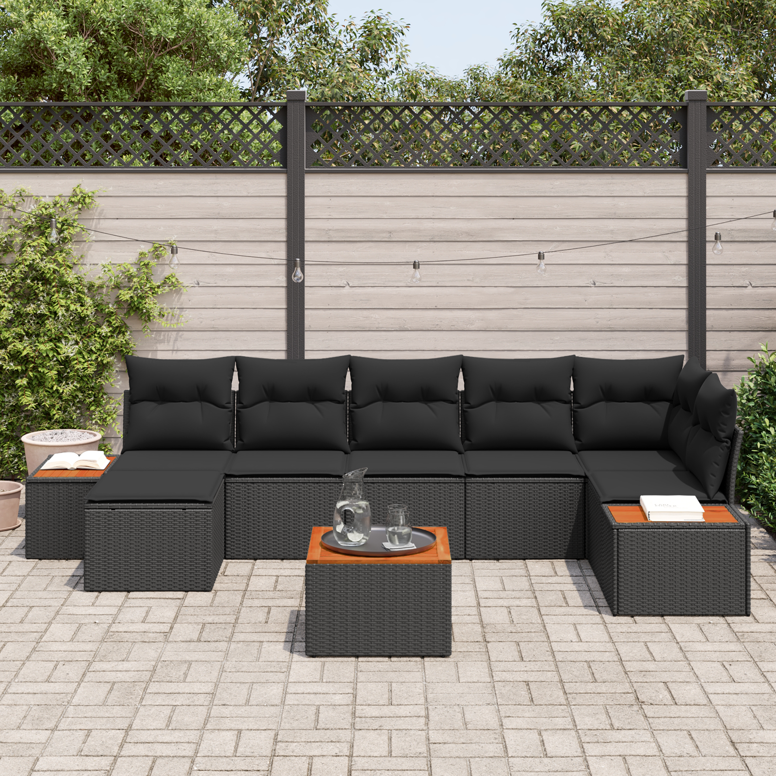 vidaXL 8-delige tuinset met kussens in zwart poly rattan en acaciahout