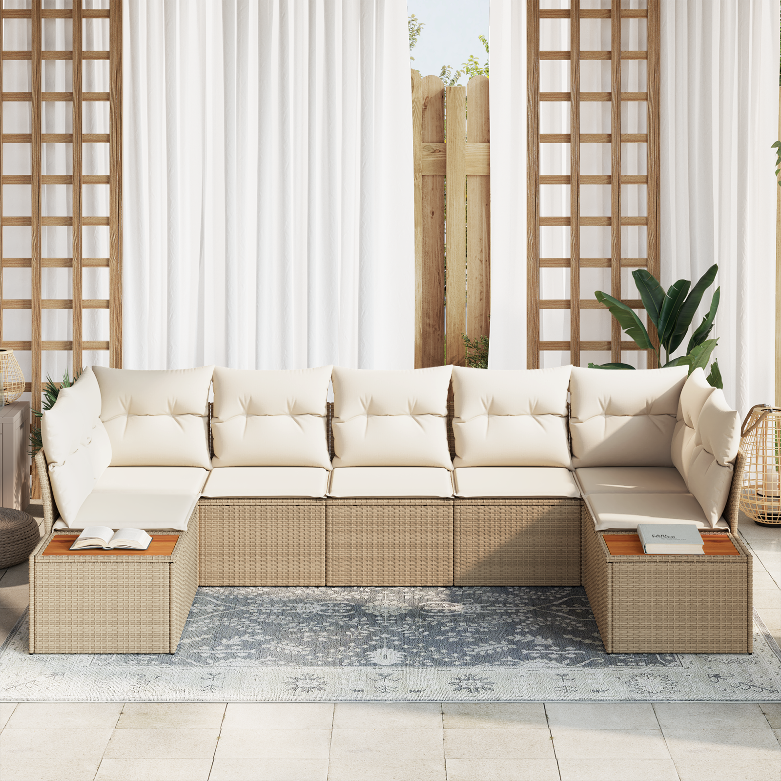 vidaXL 7-delige tuinset met kussens in beige van poly rattan en acaciahout