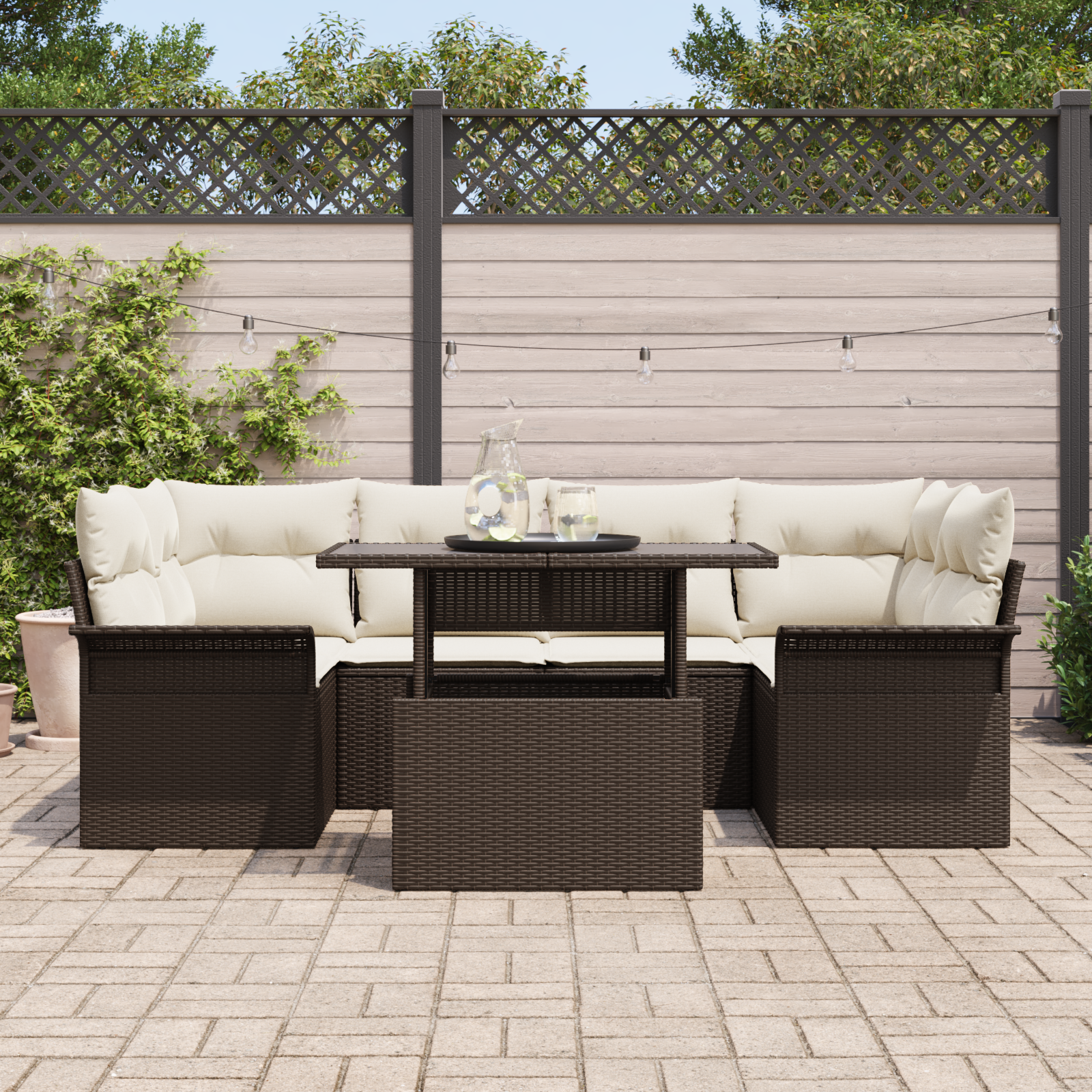 vidaXL 7-delige tuin sofa set met kussens bruin poly rattan
