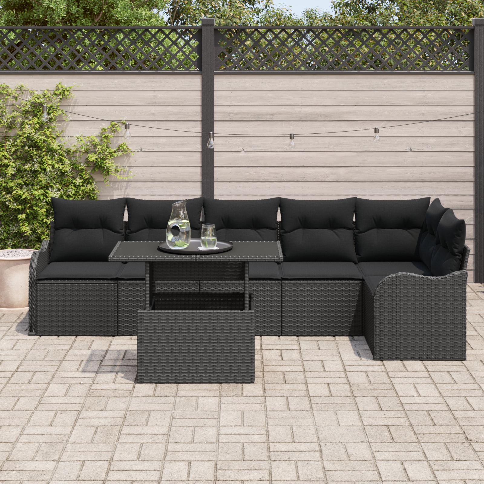 vidaXL 7-delige Tuinbankenset met kussens poly rattan zwart