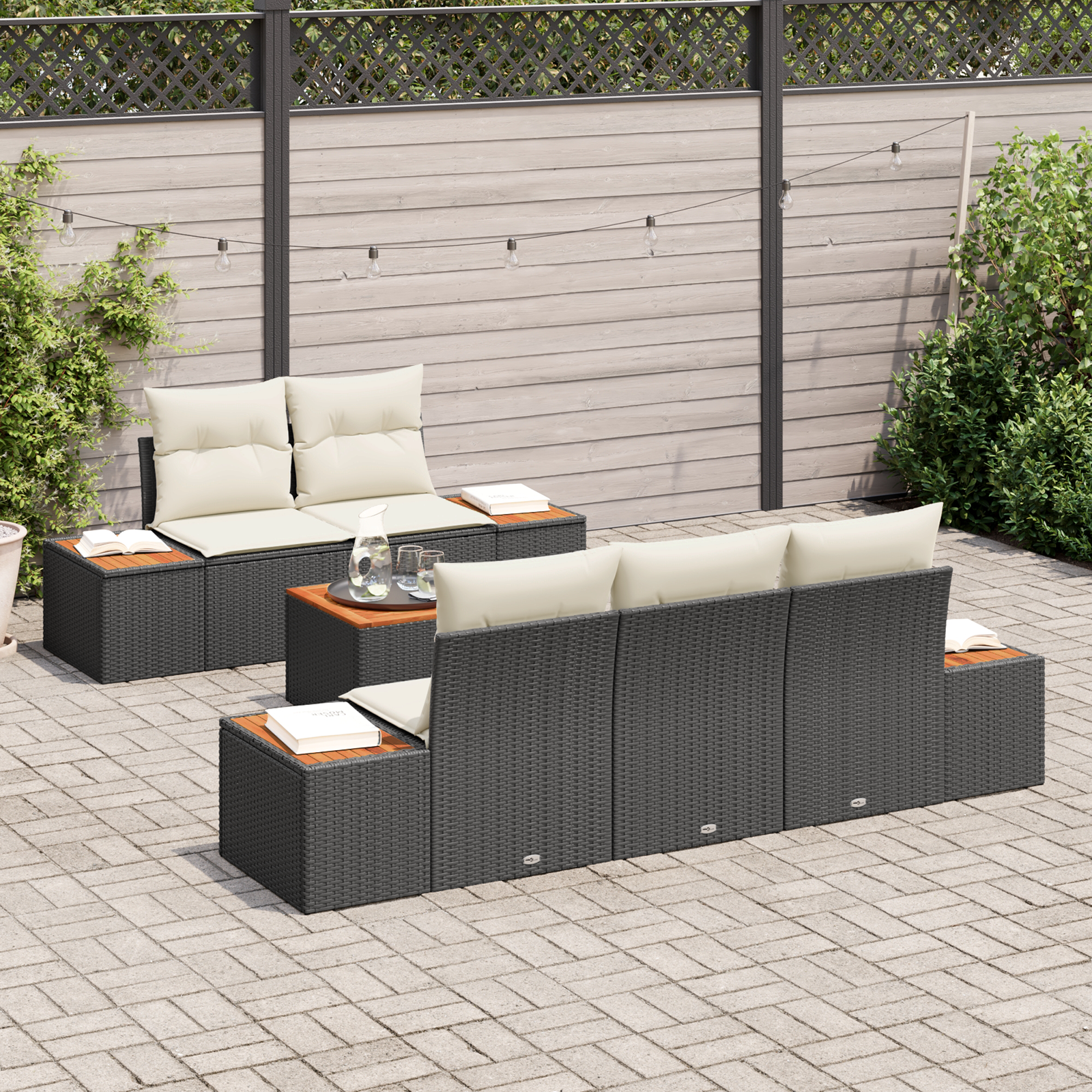 vidaXL 6-delige tuinsofa-set met kussens zwart poly rattan acacia