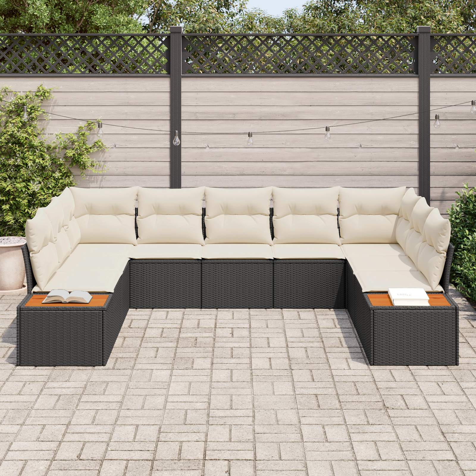 vidaXL 9-delige tuinsofa set met kussens - Zwart poly rattan en acacia