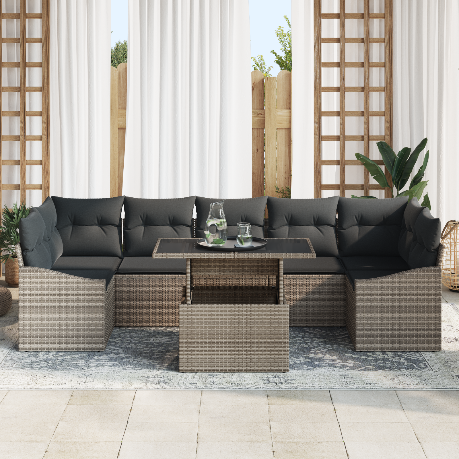 vidaXL 8-delige Tuinbankenset met kussens poly rattan grijs