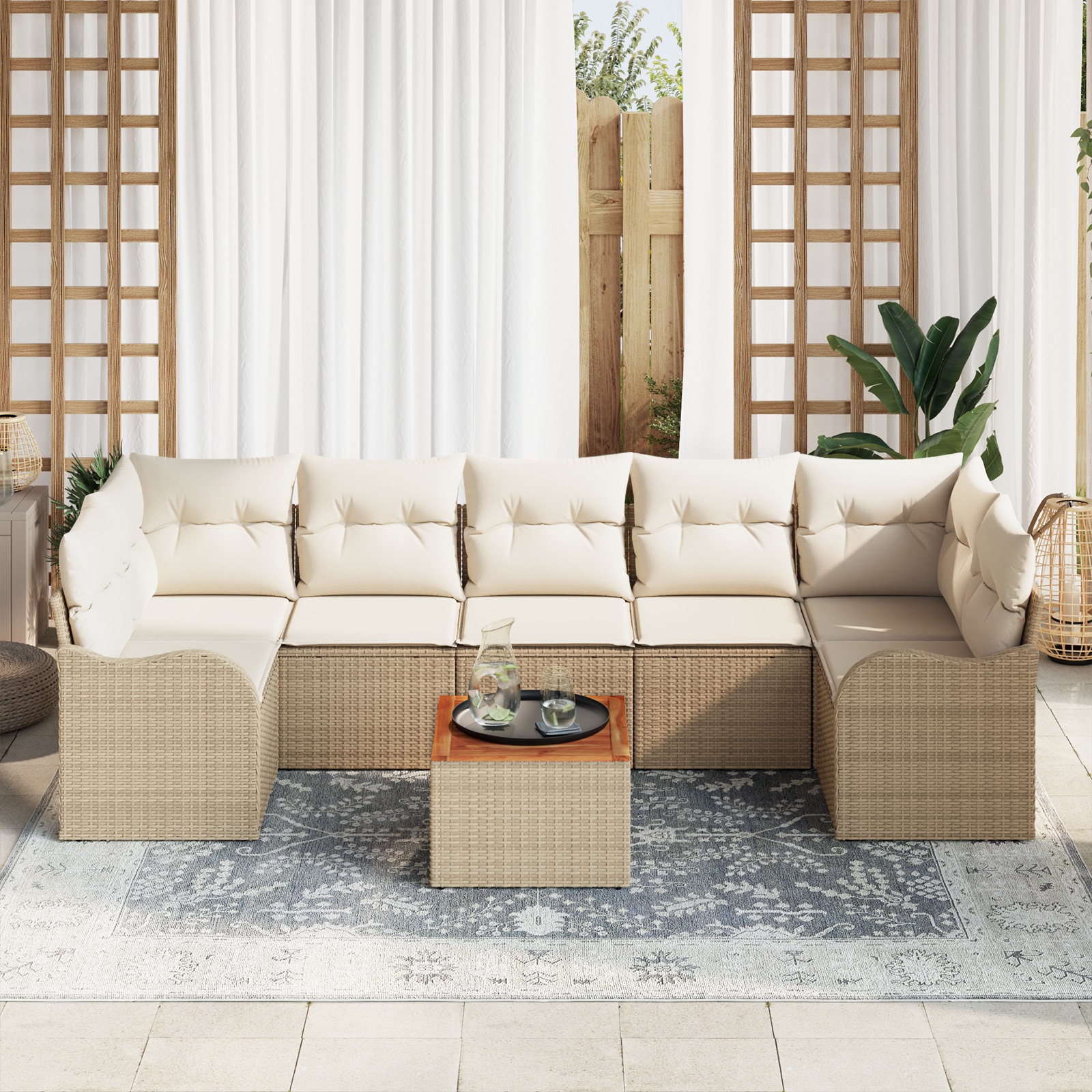 vidaXL 8-delige Tuinset met Kussens Beige Poly Rattan Acacia