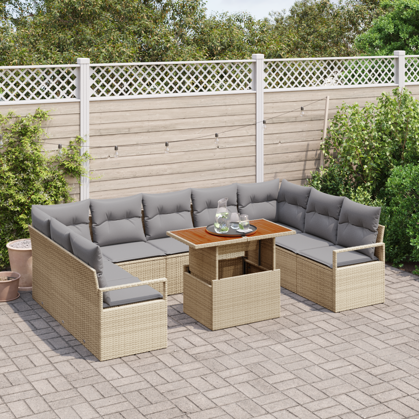 vidaXL 10-delige Tuinbankenset met kussens poly rattan acacia beige