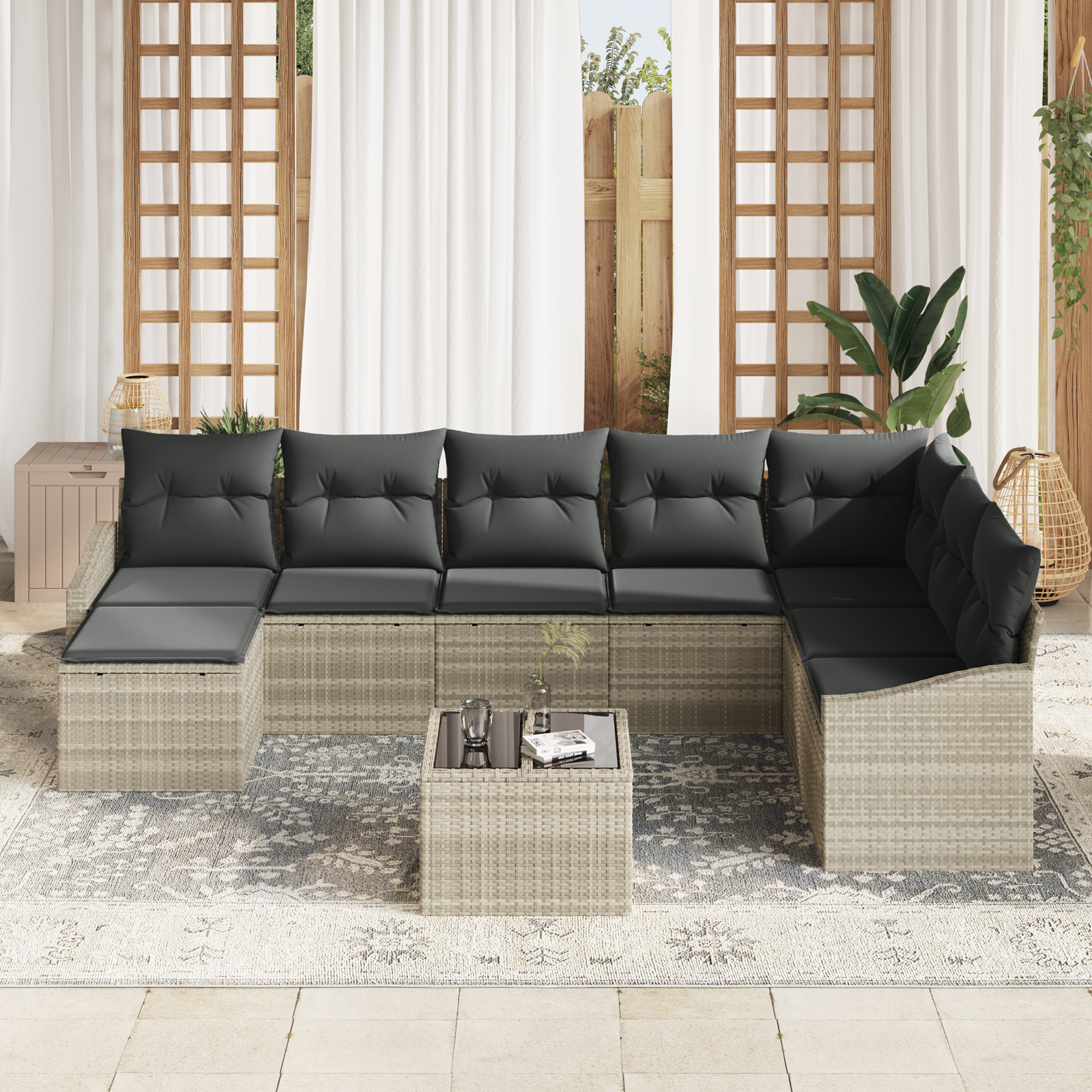 vidaXL 9-delige tuinset met kussens Grijs Poly Rattan