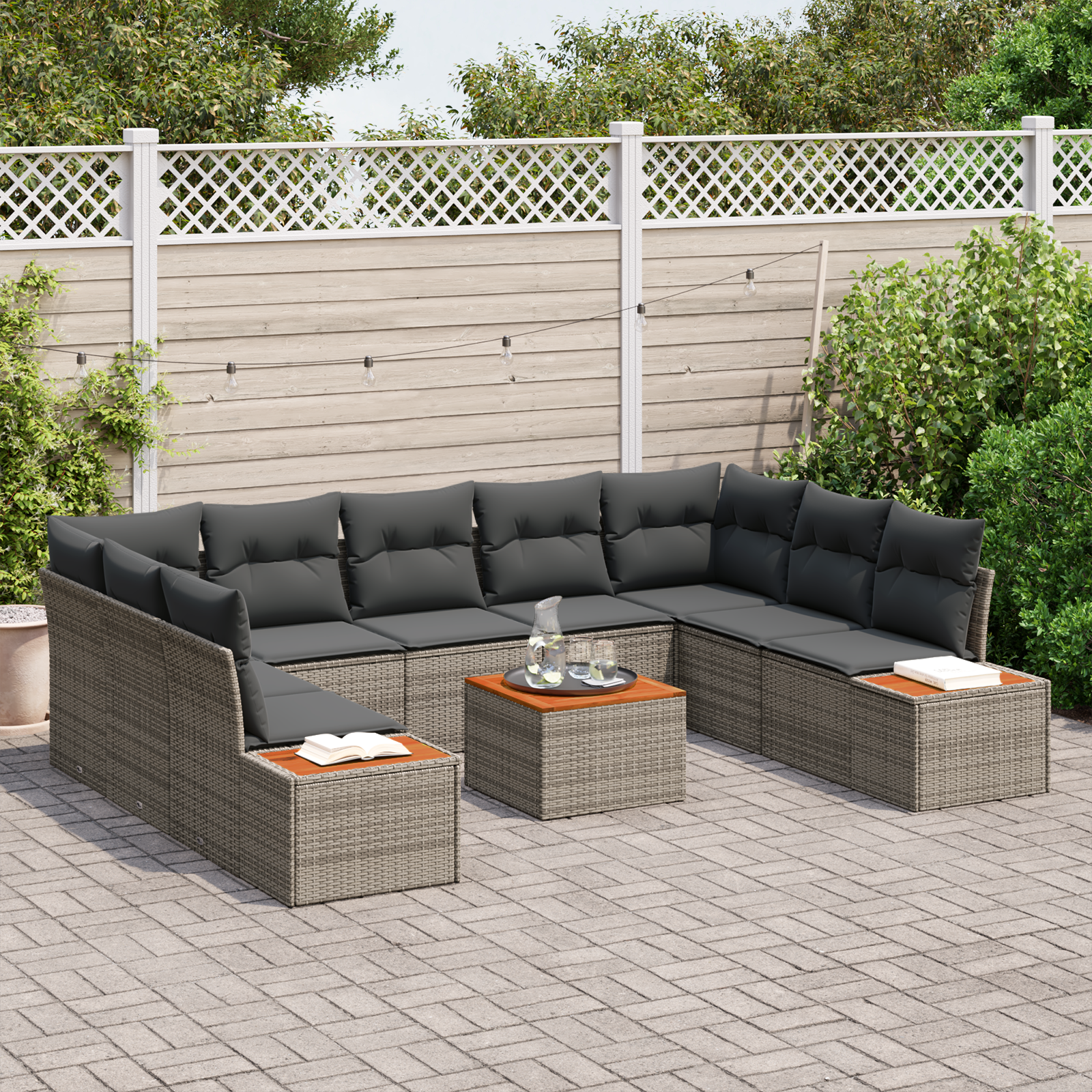 vidaXL 10-delige tuinbankset met kussens van grijs poly rattan en acacia